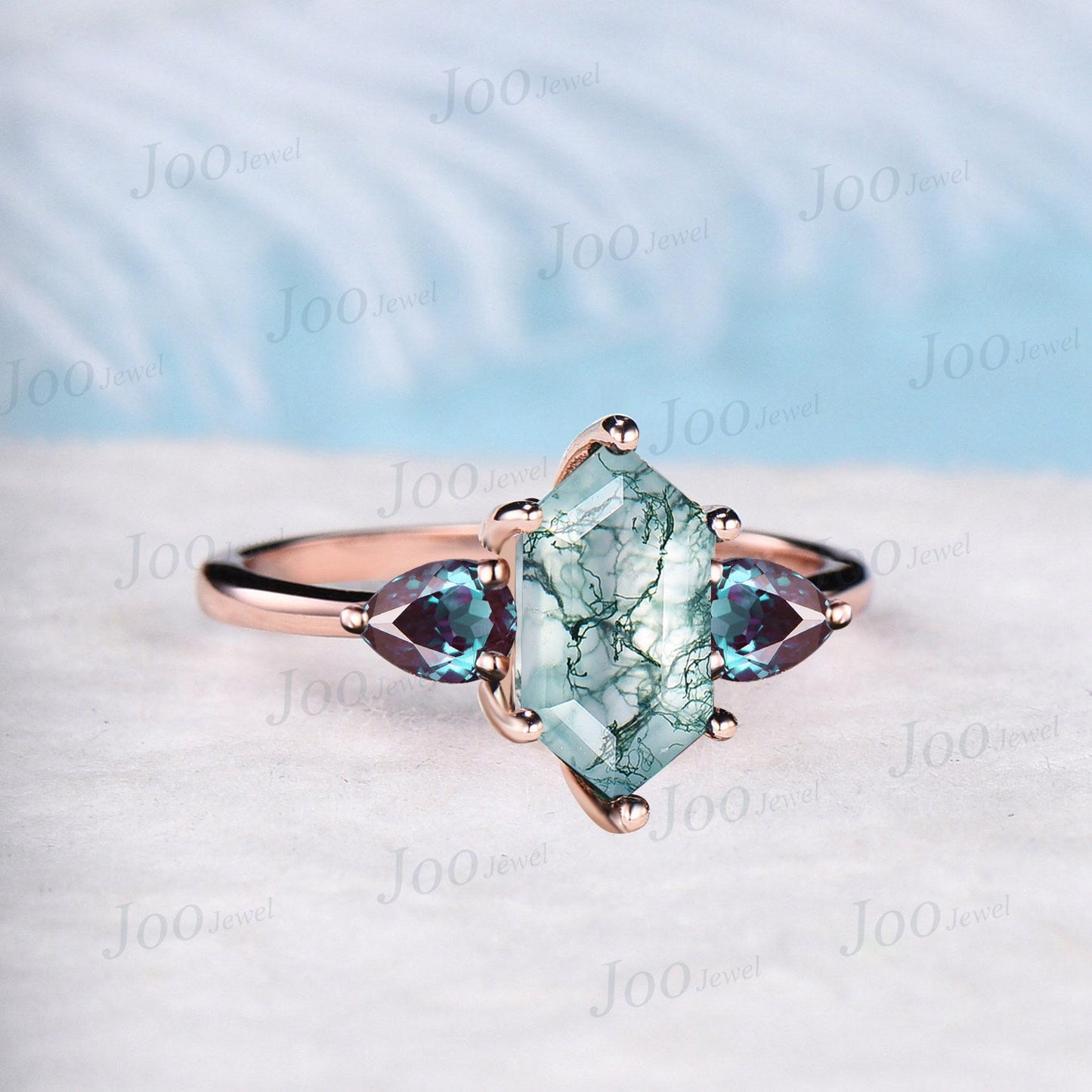 Elongated Hexagon Cut Natural Moss Agate Engagement Ring Unique Green Gemstone Ring Pear Alexandrite Wedding Ring Three Stone Ring for Women