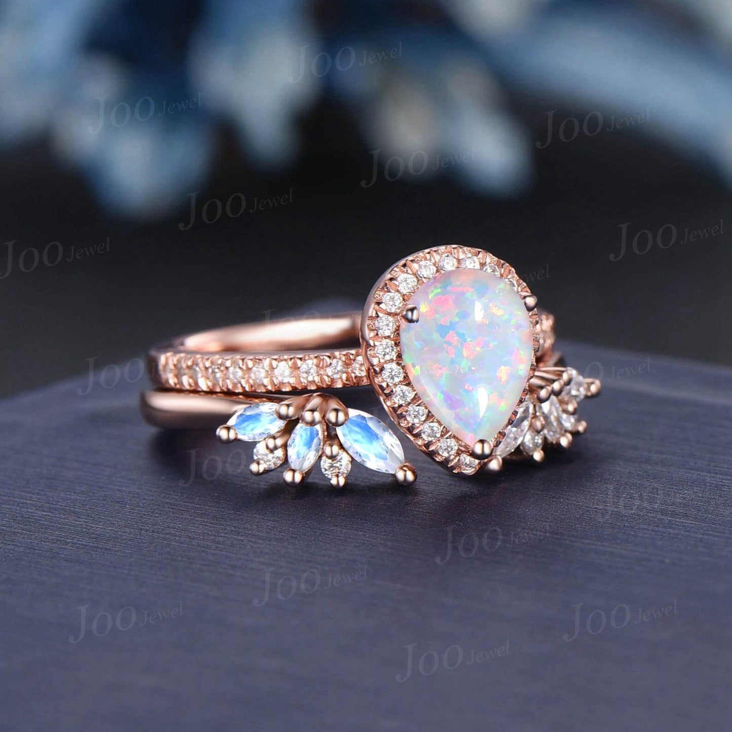 Teardrop Cut White Opal Moonstone Bridal Set 10K Rose Gold Open Band Vintage Halo Moissanite Engagement Ring Half Eternity Opal Promise Ring