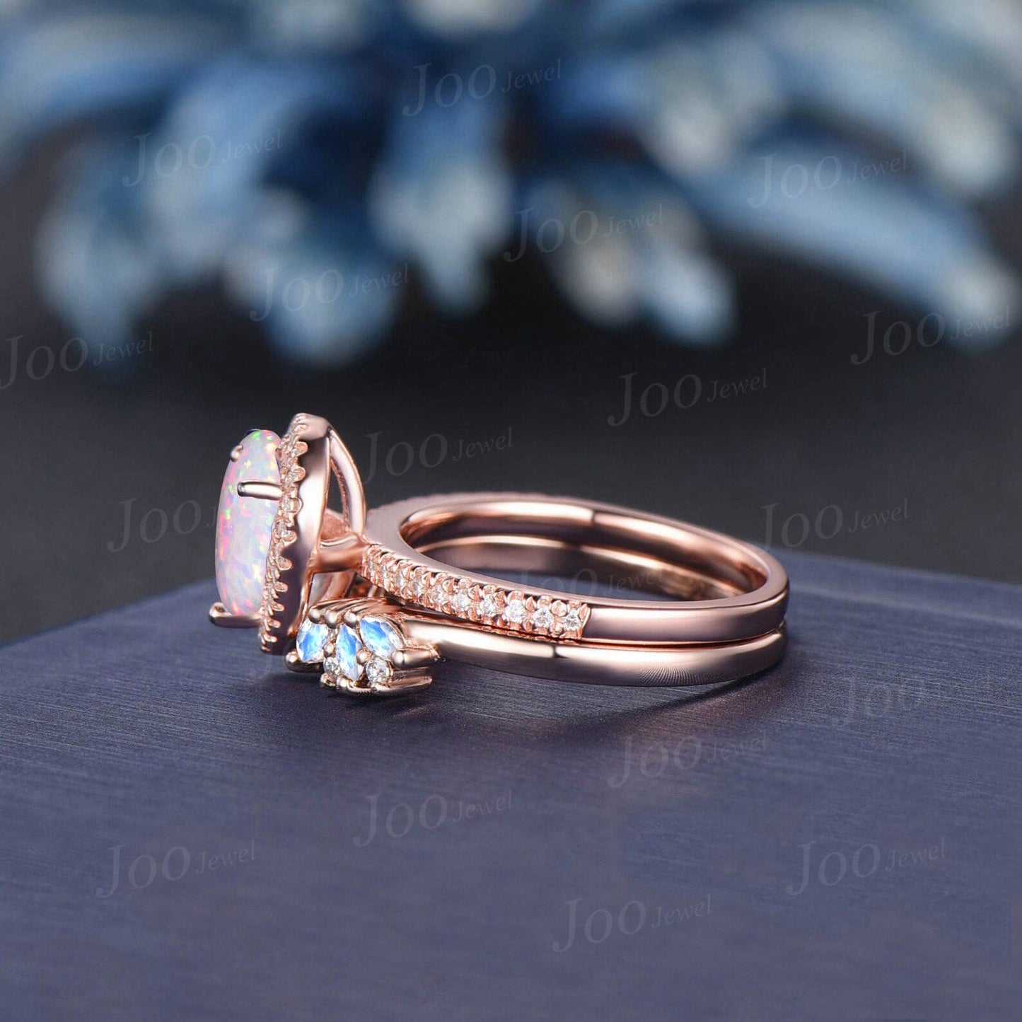 Teardrop Cut White Opal Moonstone Bridal Set 10K Rose Gold Open Band Vintage Halo Moissanite Engagement Ring Half Eternity Opal Promise Ring