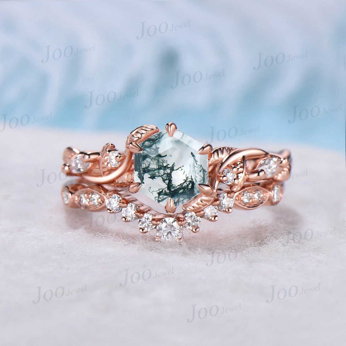 1ct Hexagon Natural Moss Agate Bridal Set 14K Rose Gold Nature Inspired Moss Agate Engagement Ring Set Moissanite Wedding Ring Propose Gift