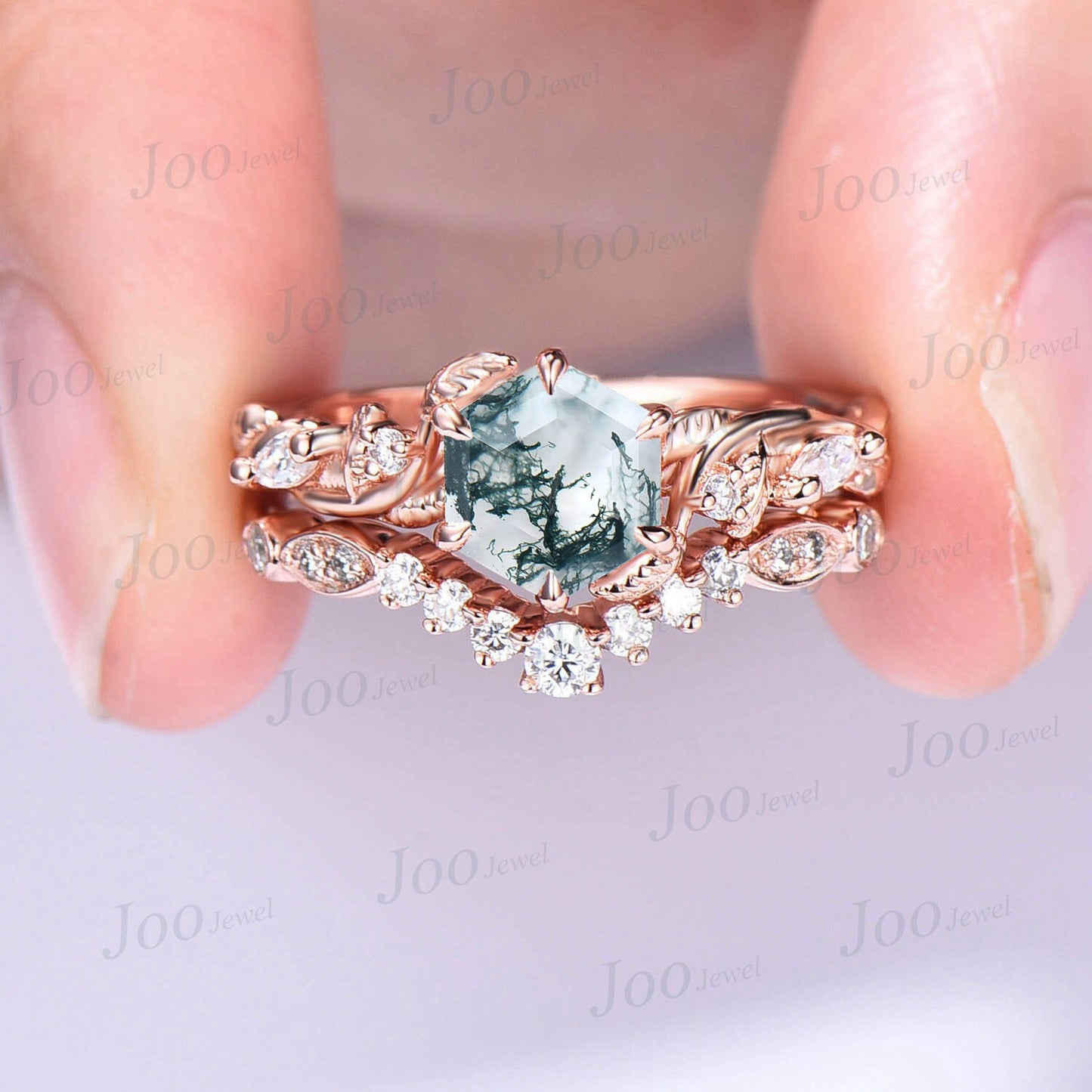 1ct Hexagon Natural Moss Agate Bridal Set 14K Rose Gold Nature Inspired Moss Agate Engagement Ring Set Moissanite Wedding Ring Propose Gift