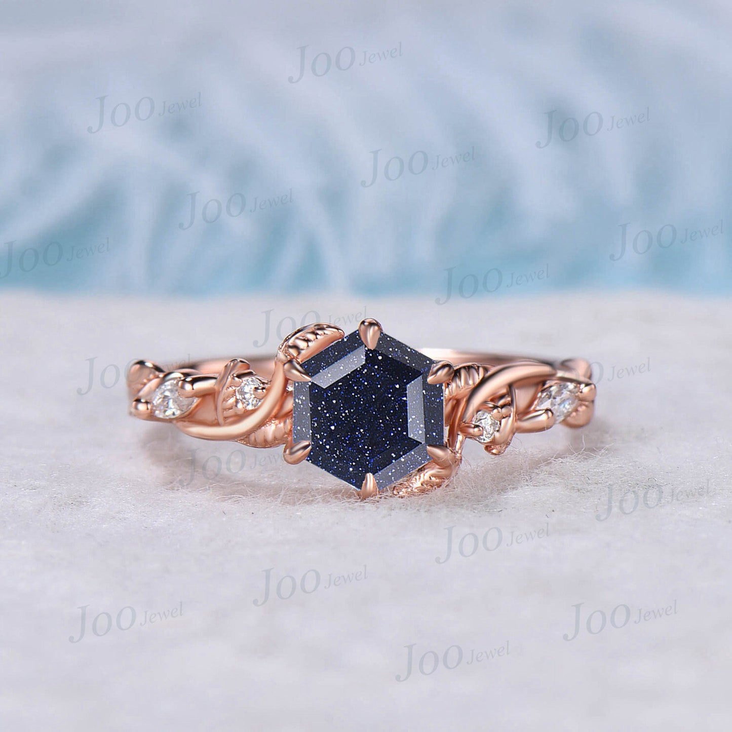 1ct Hexagon Galaxy Blue Goldstone Bridal Set 14K Rose Gold Nature Inspired Blue Sandstone Engagement Ring Set Moissanite Wedding Ring Gifts