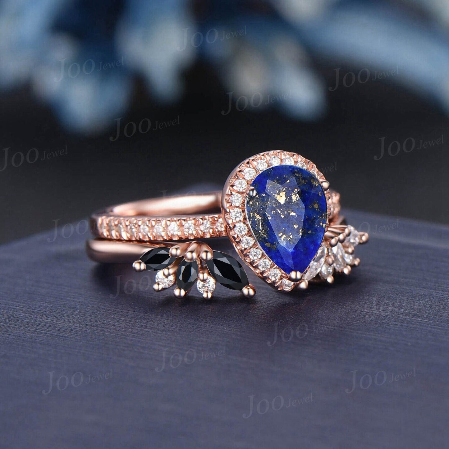 1.25ct Teardrop Cut Natural Lapis Lazuli & Black Onyx Ring Set Cluster Open Band Halo Moissanite Ring Half Eternity Lapis Gold Promise Rings