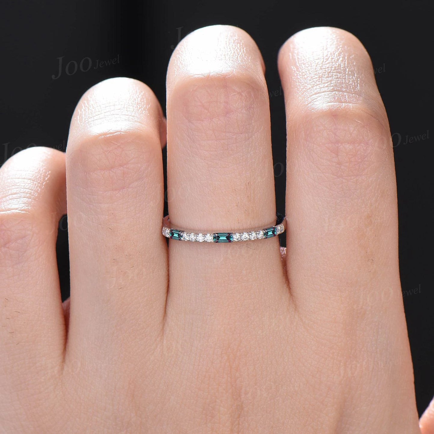 Baguette Cut Alexandrite Band Minimalist Rectangle Alexandrite Diamond Half Eternity Ring Dainty Stacking Band June Birthstone Birthday Gift