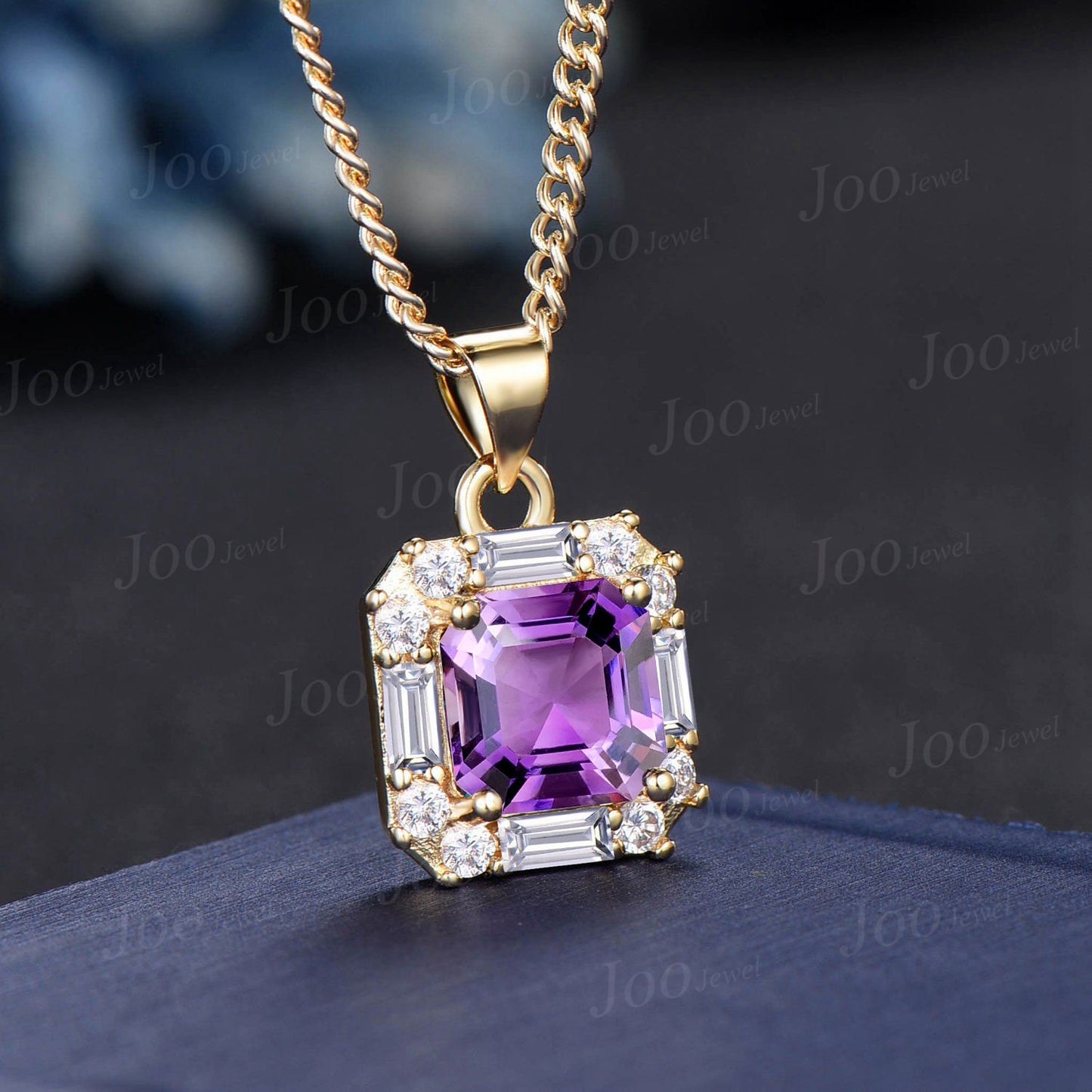 8mm Cushion Cut Natural Amethyst Crystal Pendant Necklace Women Solid 14K/18K Gold Purple Gemstone Pendant February Birthstone Birthday Gift