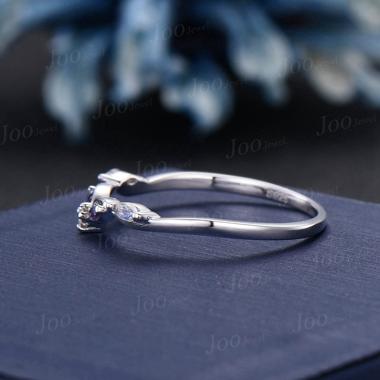 Marquise Natural Moonstone Contour Wedding Band 10K White Gold Alexandrite Nesting Band Unique Vintage Stacking Matching Bridal Gift Women