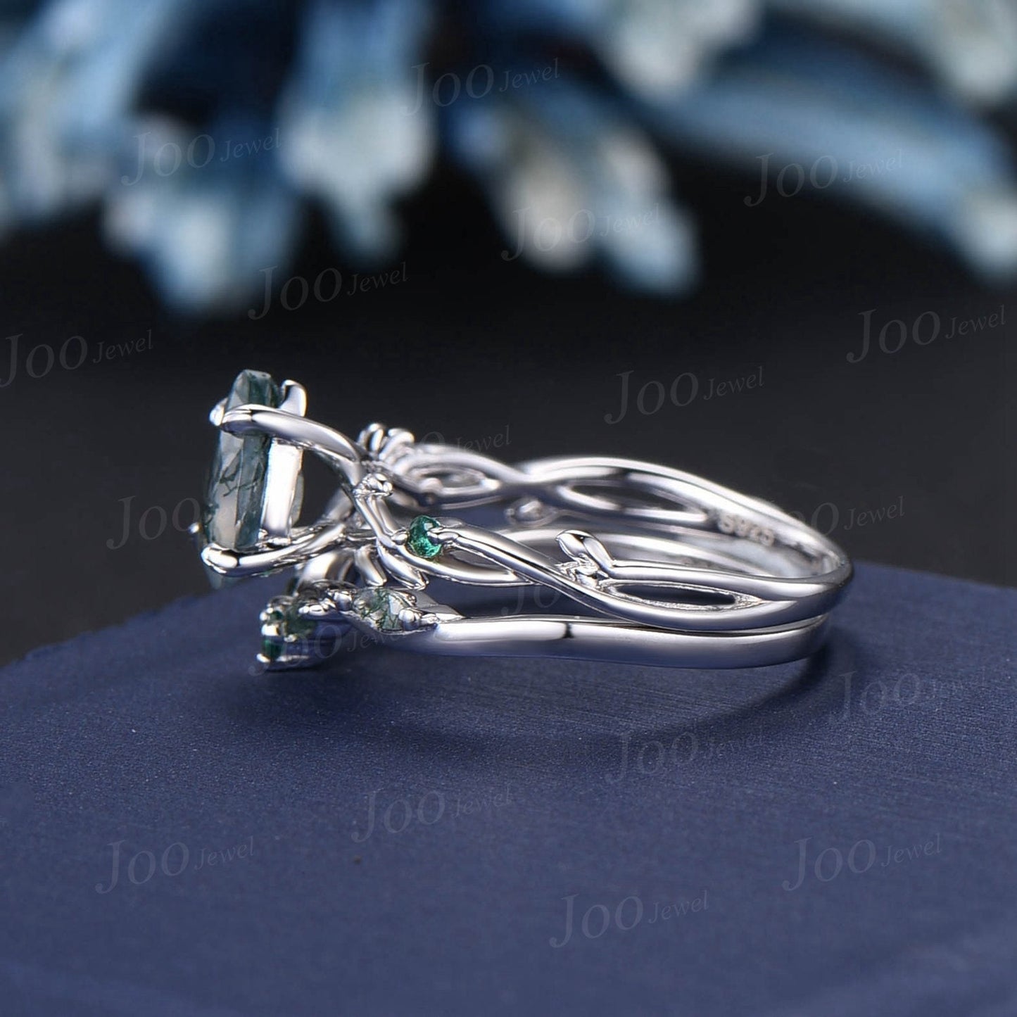 Nature Inspired Moss Agate Bridal Set 10K White Gold 1.25ct Pear Moss Agate Engagement Ring Branch Vine Green Emerald Twig Wedding Ring Set