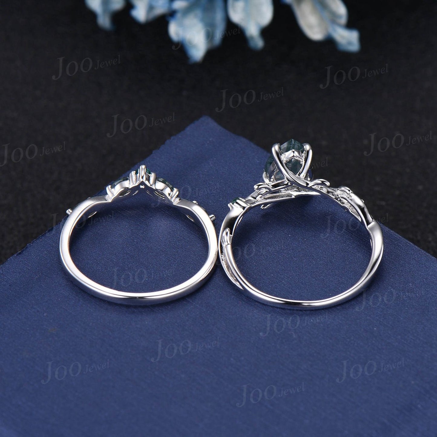 Nature Inspired Moss Agate Bridal Set 10K White Gold 1.25ct Pear Moss Agate Engagement Ring Branch Vine Green Emerald Twig Wedding Ring Set