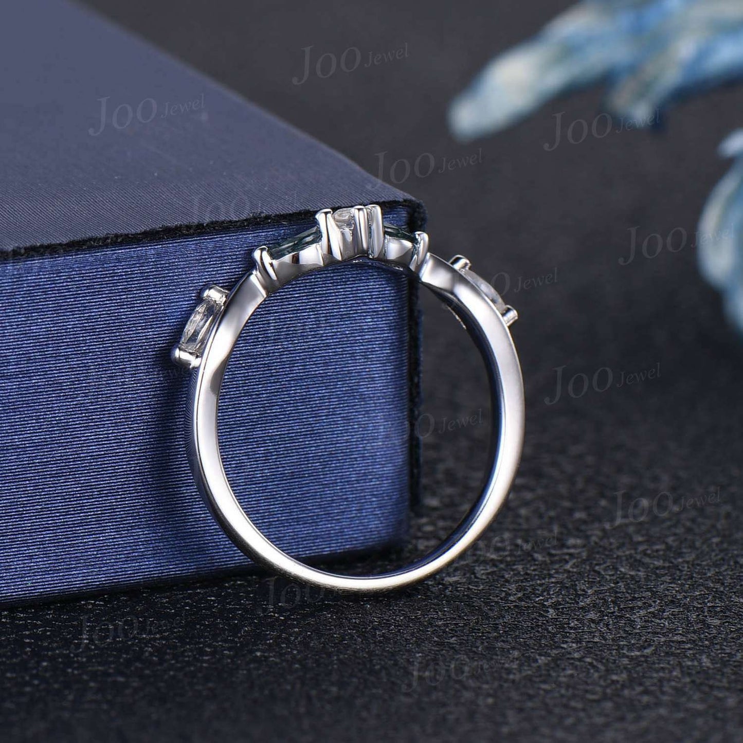 Marquise Natural Moonstone Moss Agate Contour Wedding Band 10K White Gold Moss Nesting Band Vintage Stacking Matching Bridal Gift for Women