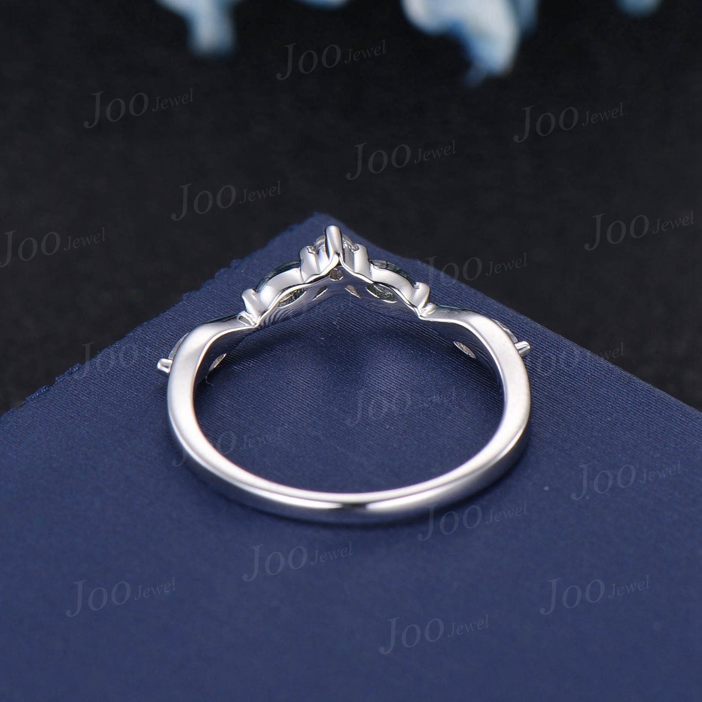 Marquise Natural Moonstone Moss Agate Contour Wedding Band 10K White Gold Moss Nesting Band Vintage Stacking Matching Bridal Gift for Women