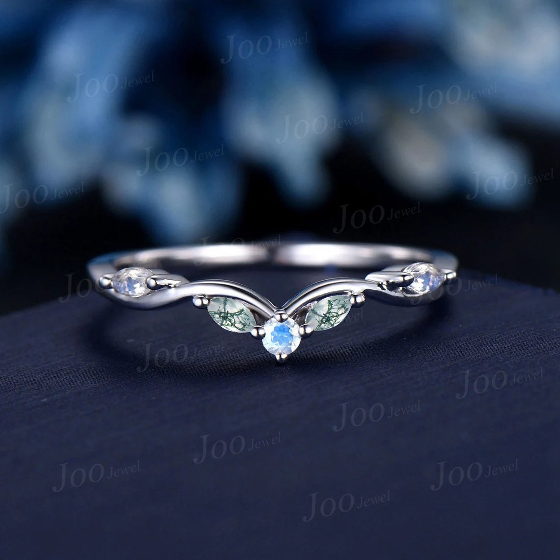 Marquise Natural Moonstone Moss Agate Contour Wedding Band 10K White Gold Moss Nesting Band Vintage Stacking Matching Bridal Gift for Women