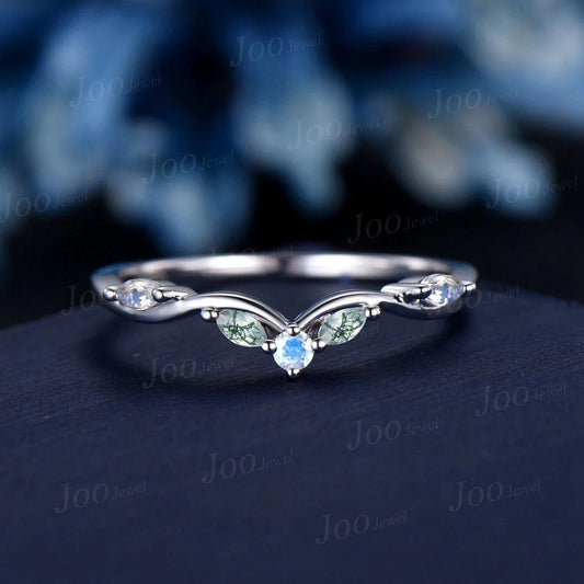 Marquise Natural Moonstone Moss Agate Contour Wedding Band 10K White Gold Moss Nesting Band Vintage Stacking Matching Bridal Gift for Women
