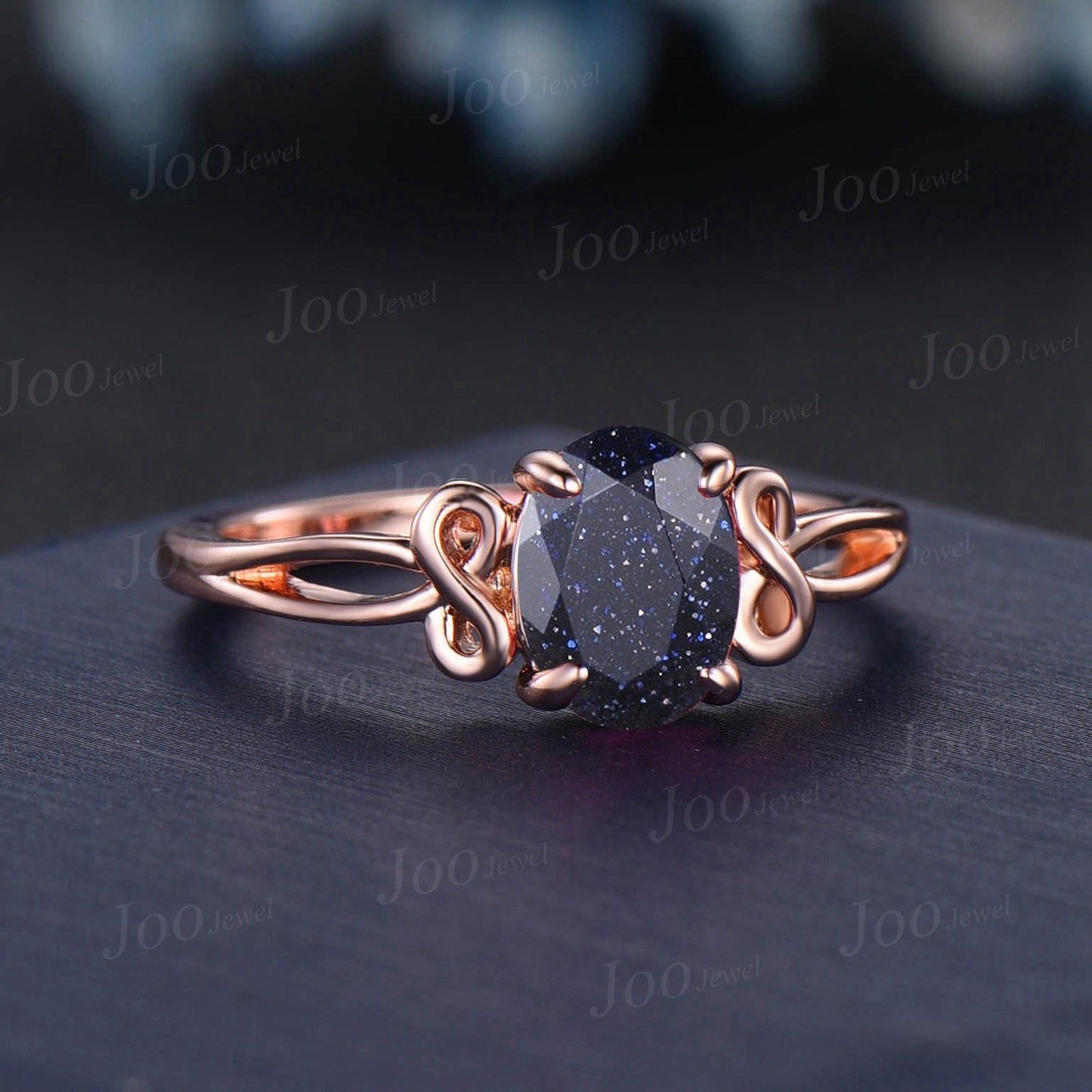 Galaxy Blue Sandstone Infinity Twist Wedding Ring 1.5ct Oval Cut Blue Goldstone Infinity Engagement Ring Handmade Proposal Gifts for Women
