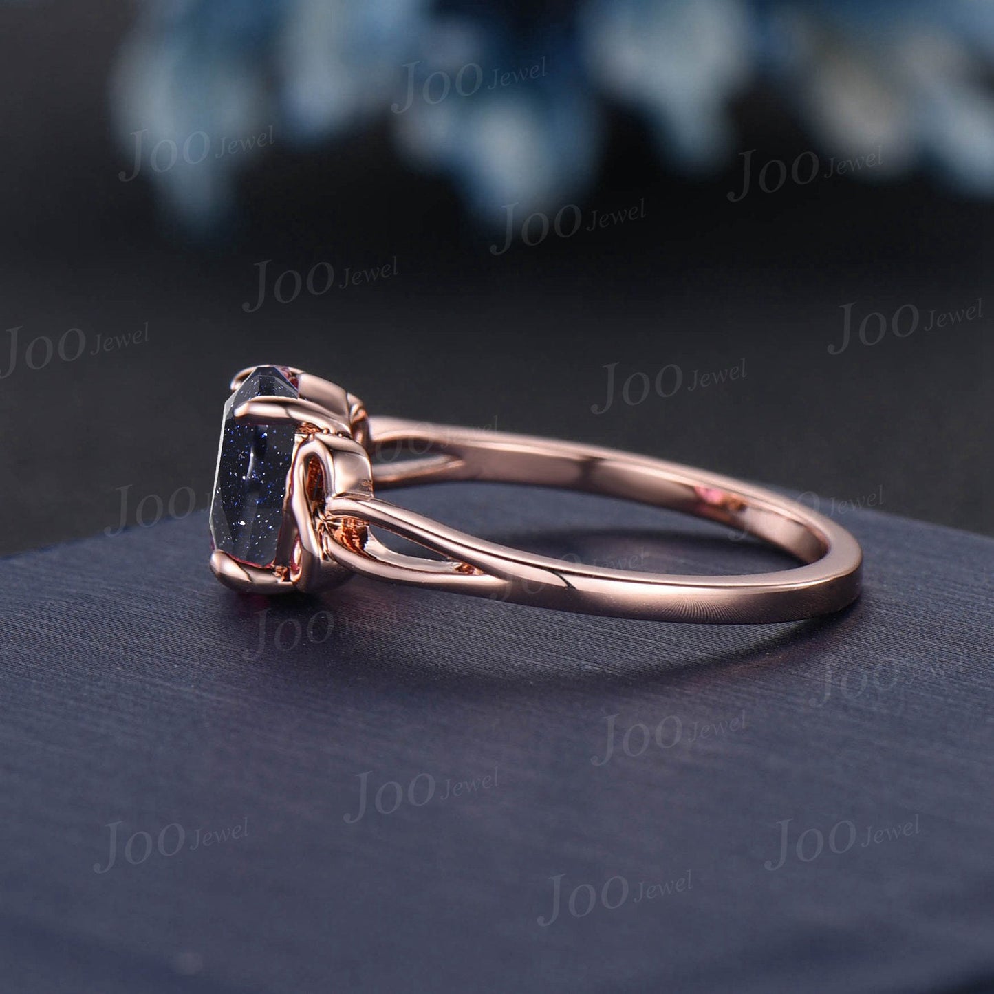 Galaxy Blue Sandstone Infinity Twist Wedding Ring 1.5ct Oval Cut Blue Goldstone Infinity Engagement Ring Handmade Proposal Gifts for Women