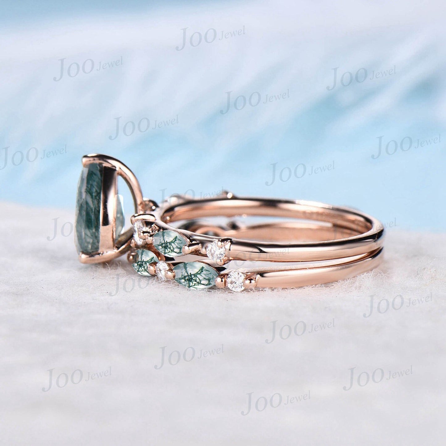 Pear Shaped Natural Moss Agate Engagement Ring Set Green Gemstone Jewelry Moss Agate Half Eternity Wedding Band Moss Bridal Set Promise Ring