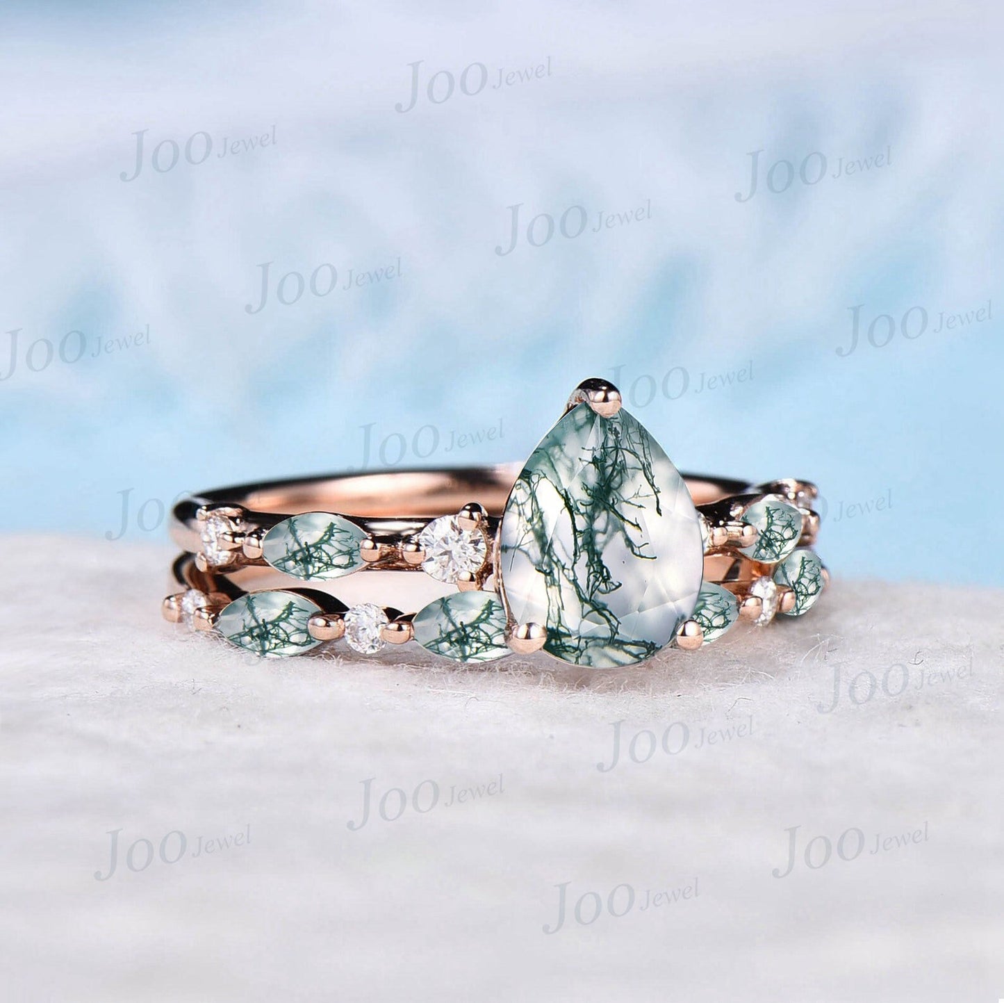 Pear Shaped Natural Moss Agate Engagement Ring Set Green Gemstone Jewelry Moss Agate Half Eternity Wedding Band Moss Bridal Set Promise Ring