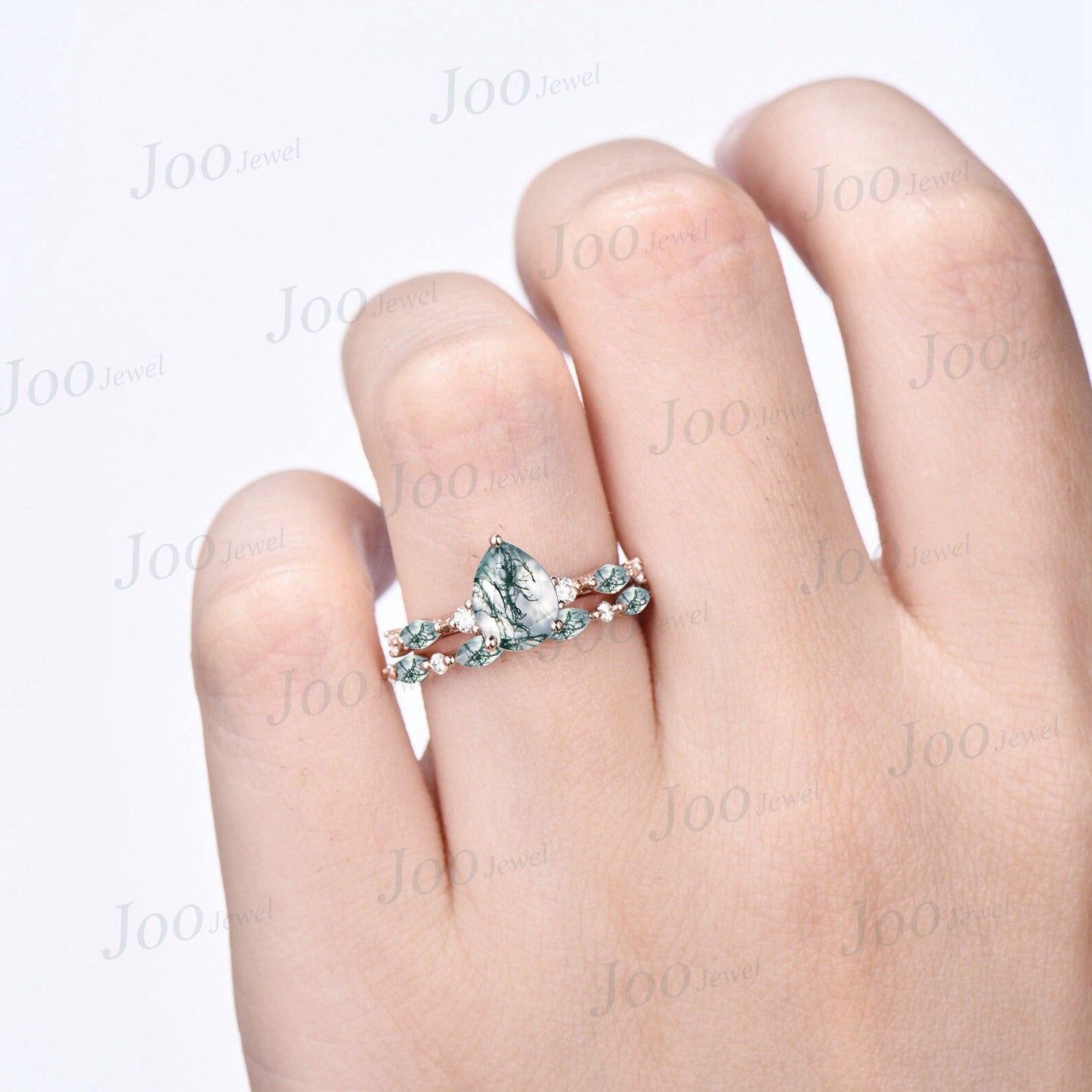 Pear Shaped Natural Moss Agate Engagement Ring Set Green Gemstone Jewelry Moss Agate Half Eternity Wedding Band Moss Bridal Set Promise Ring