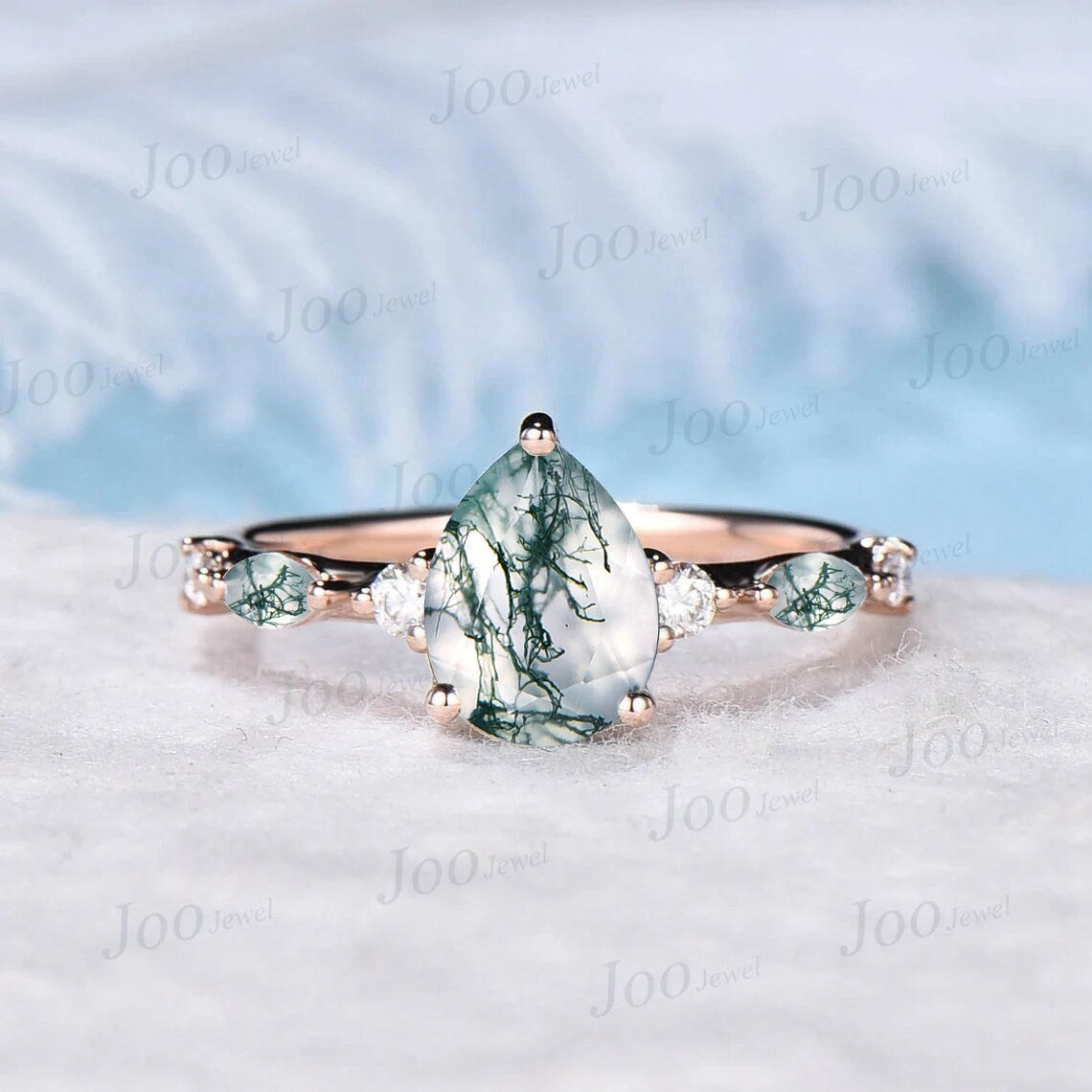 Pear Shaped Natural Moss Agate Engagement Ring Set Green Gemstone Jewelry Moss Agate Half Eternity Wedding Band Moss Bridal Set Promise Ring
