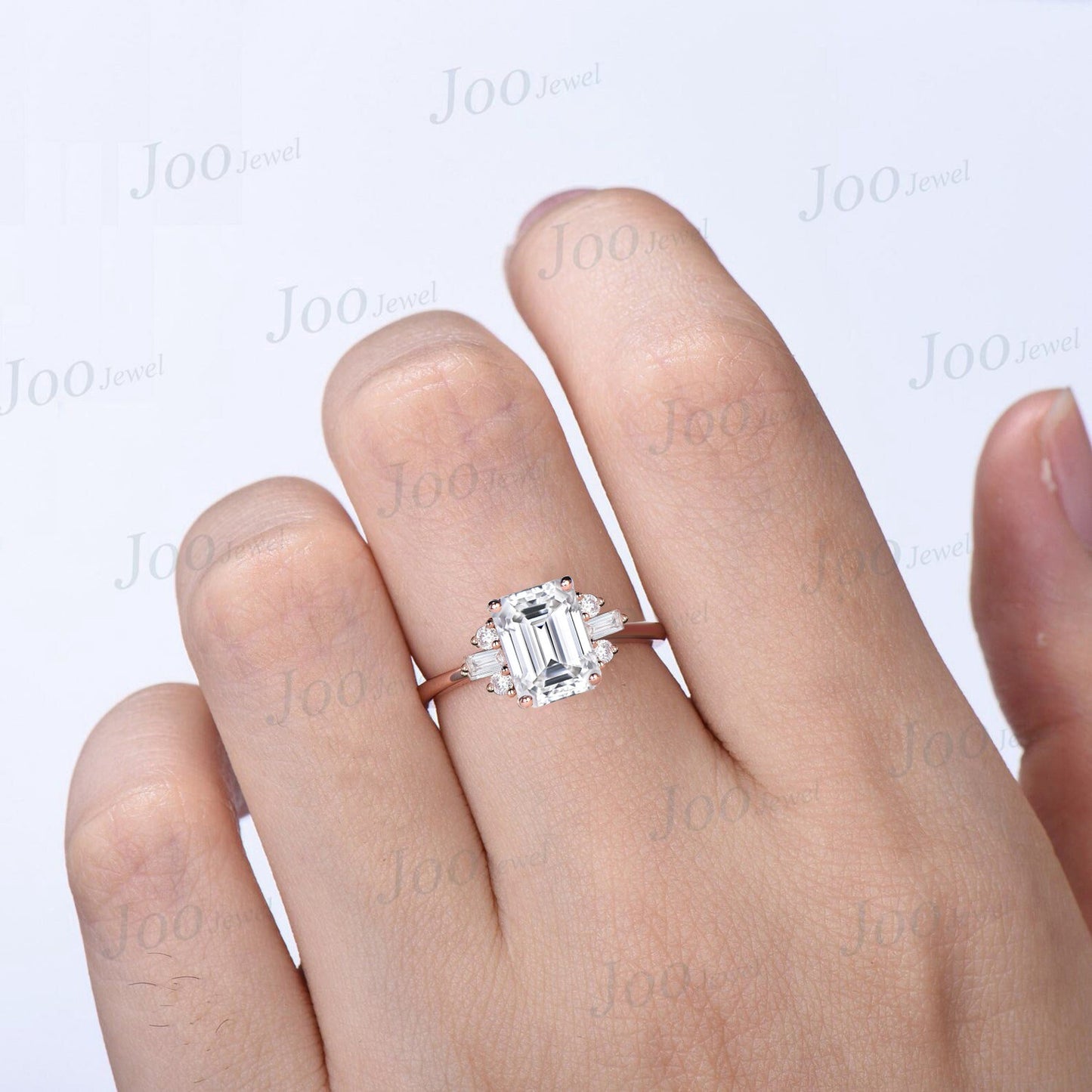 2ct Emerald Cut Moissanite Ring Cluster Moissanite Engagement Ring, Art Deco Vintage 14K Rose Gold Baguette Moissanite Wedding Promise Rings