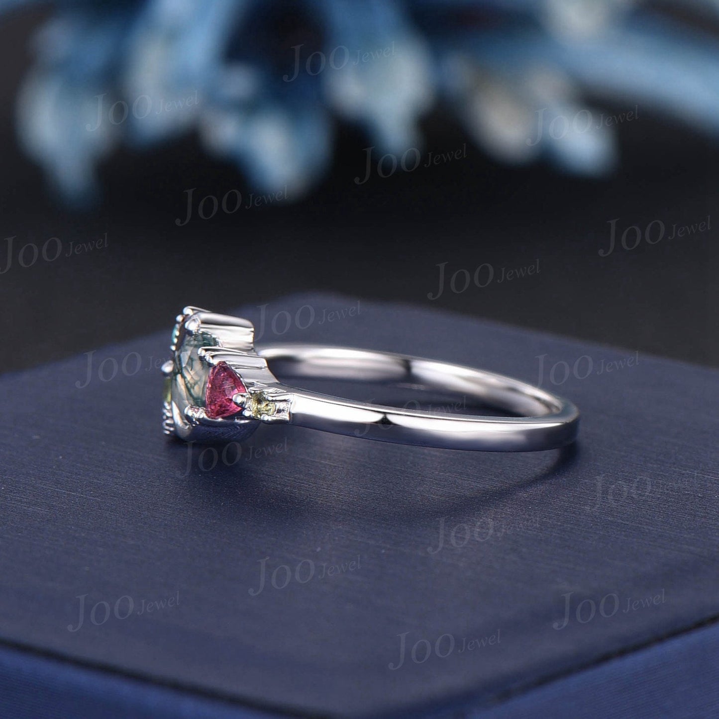 5mm Round Cut Red Ruby Engagement Ring 10K White Gold Moon Wedding Ring Personalized Cluster Natural Pink Tourmaline Emerald Promise Ring
