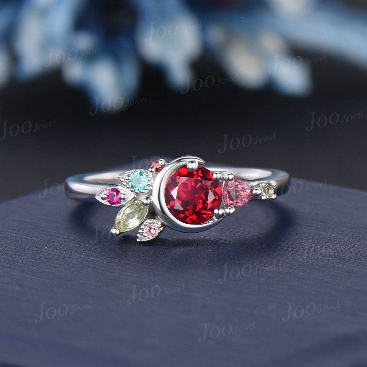 5mm Round Cut Red Ruby Engagement Ring 10K White Gold Moon Wedding Ring Personalized Cluster Natural Pink Tourmaline Emerald Promise Ring