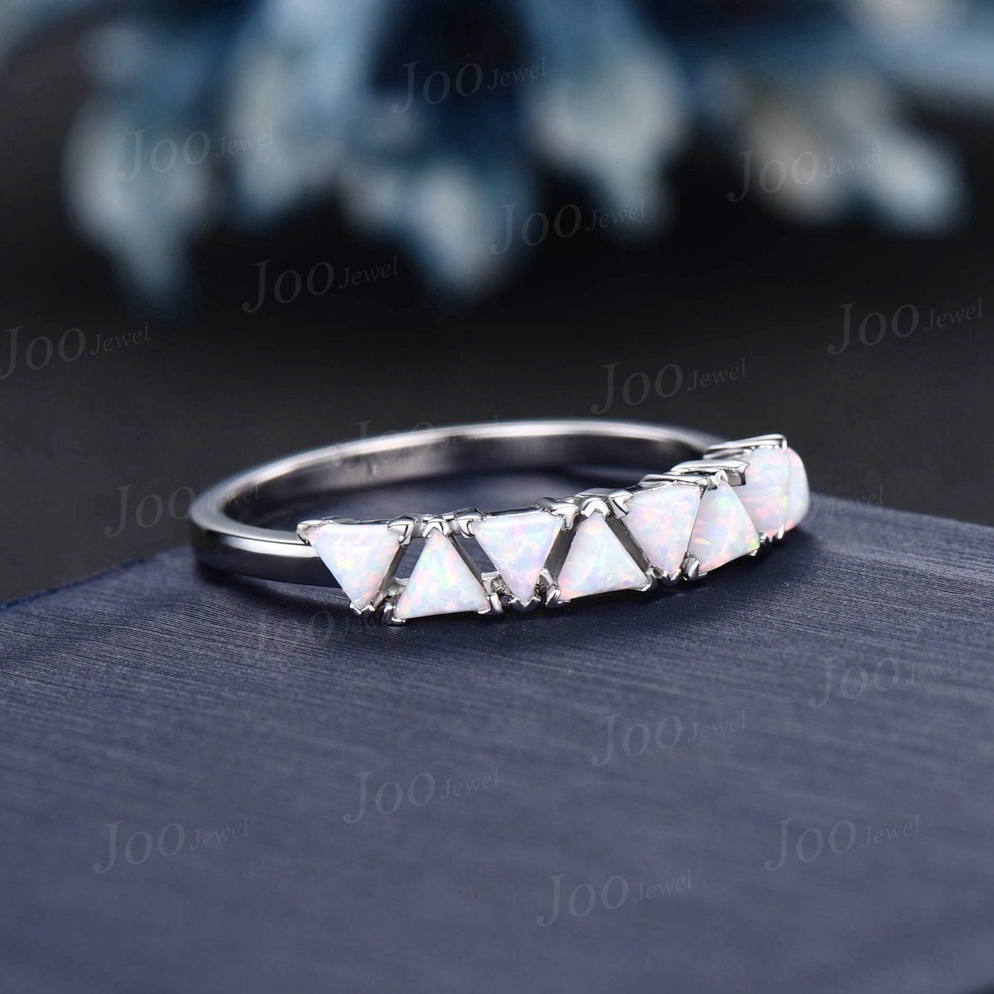 Trillion Cut White Opal Wedding Band for Women Vintage Gold Triangle Shaped Half Eternity Opal Band Unique October Birthstone Birthday Gifts