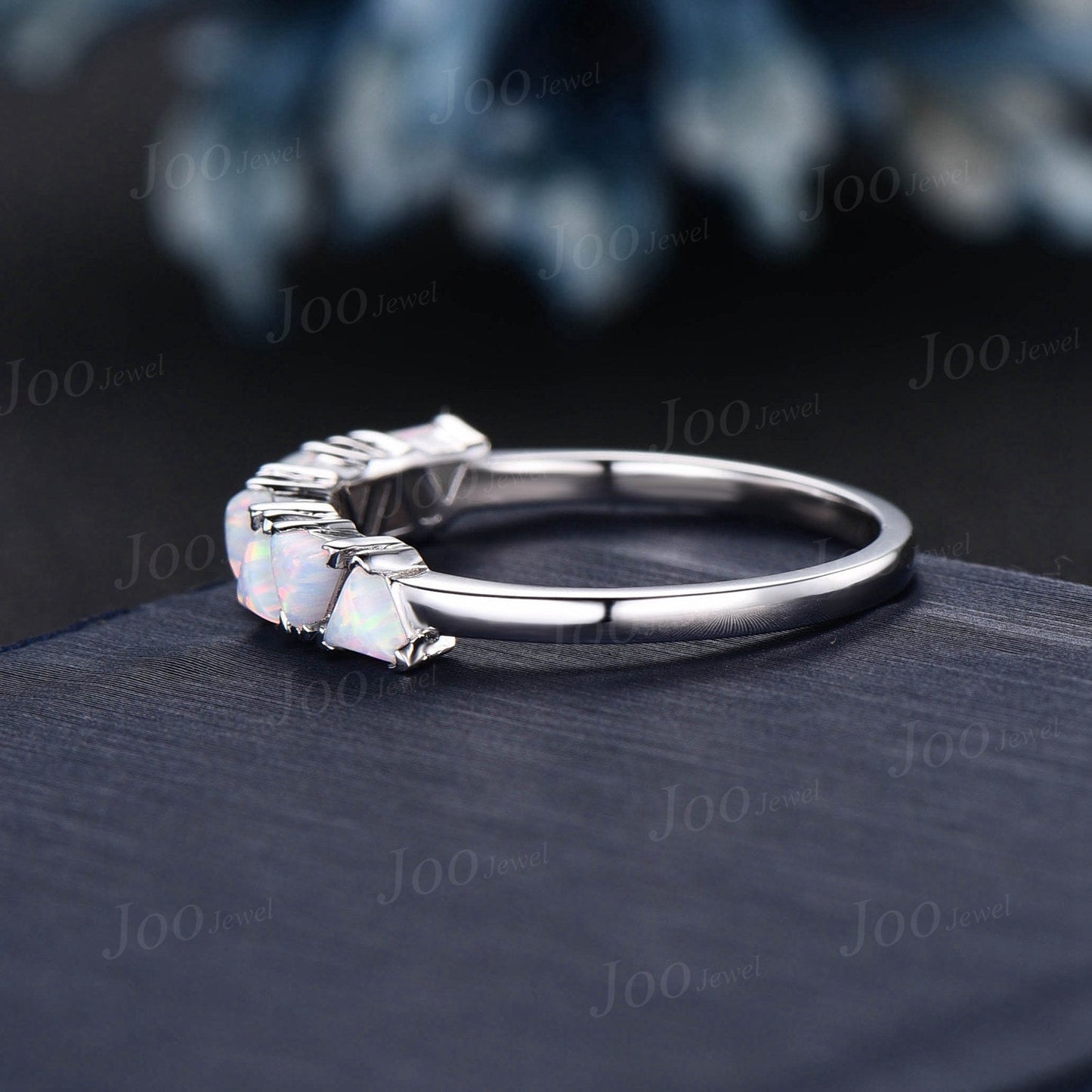 Trillion Cut White Opal Wedding Band for Women Vintage Gold Triangle Shaped Half Eternity Opal Band Unique October Birthstone Birthday Gifts