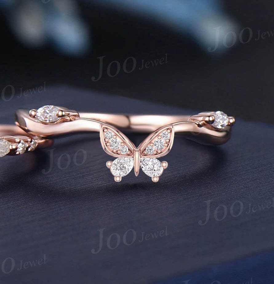 Marquise Cut Natural Moonstone Contour Wedding Band 10K White Gold Butterfly Nesting Band Unique Vintage Stacking Matching Bridal Gift Women