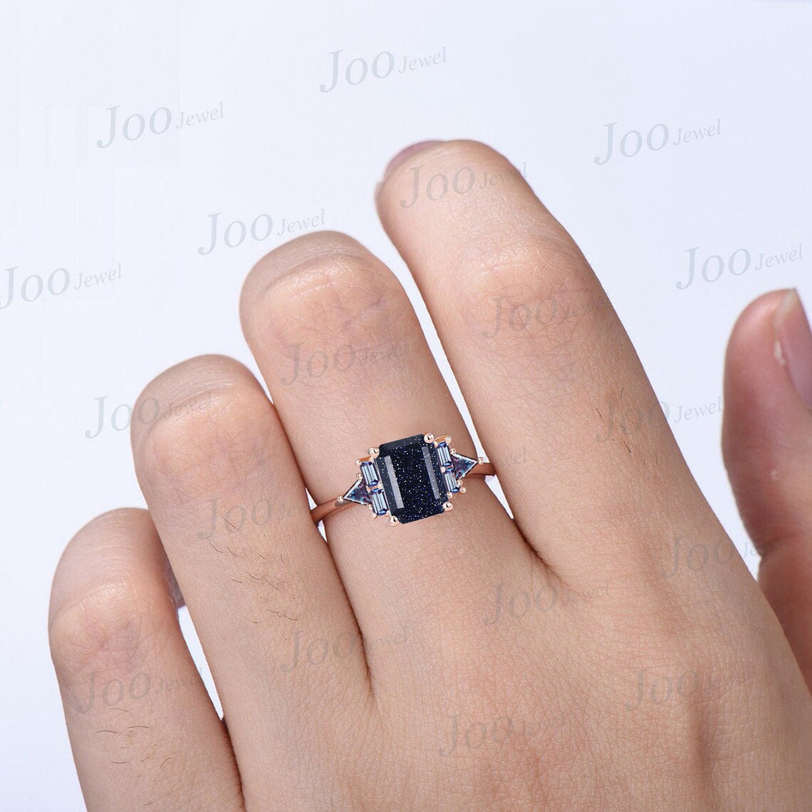 2ct Emerald Cut Galaxy Blue Sandstone Ring Art Deco Rose Gold Gemstone Ring Cluster Baguette Triangle Alexandrite Ring Personalized Gifts