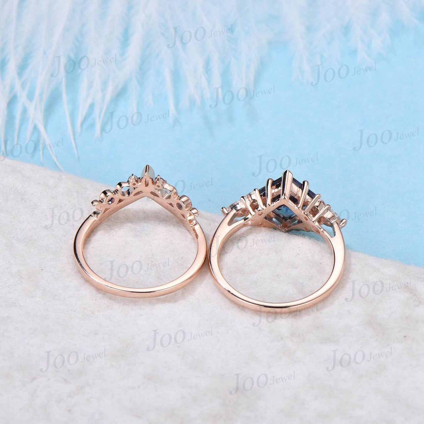 Princess Cut Natural Moss Agate Engagement Rings Vintage Trinity Knot Celtic Wedding Band 10K Rose Gold Alexandrite Moissanite Bridal Set