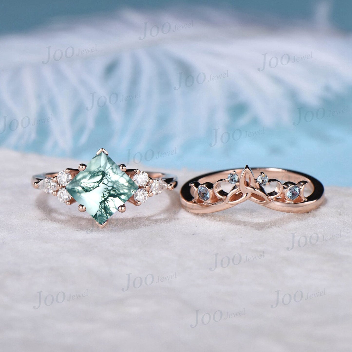 Princess Cut Natural Moss Agate Engagement Rings Vintage Trinity Knot Celtic Wedding Band 10K Rose Gold Alexandrite Moissanite Bridal Set