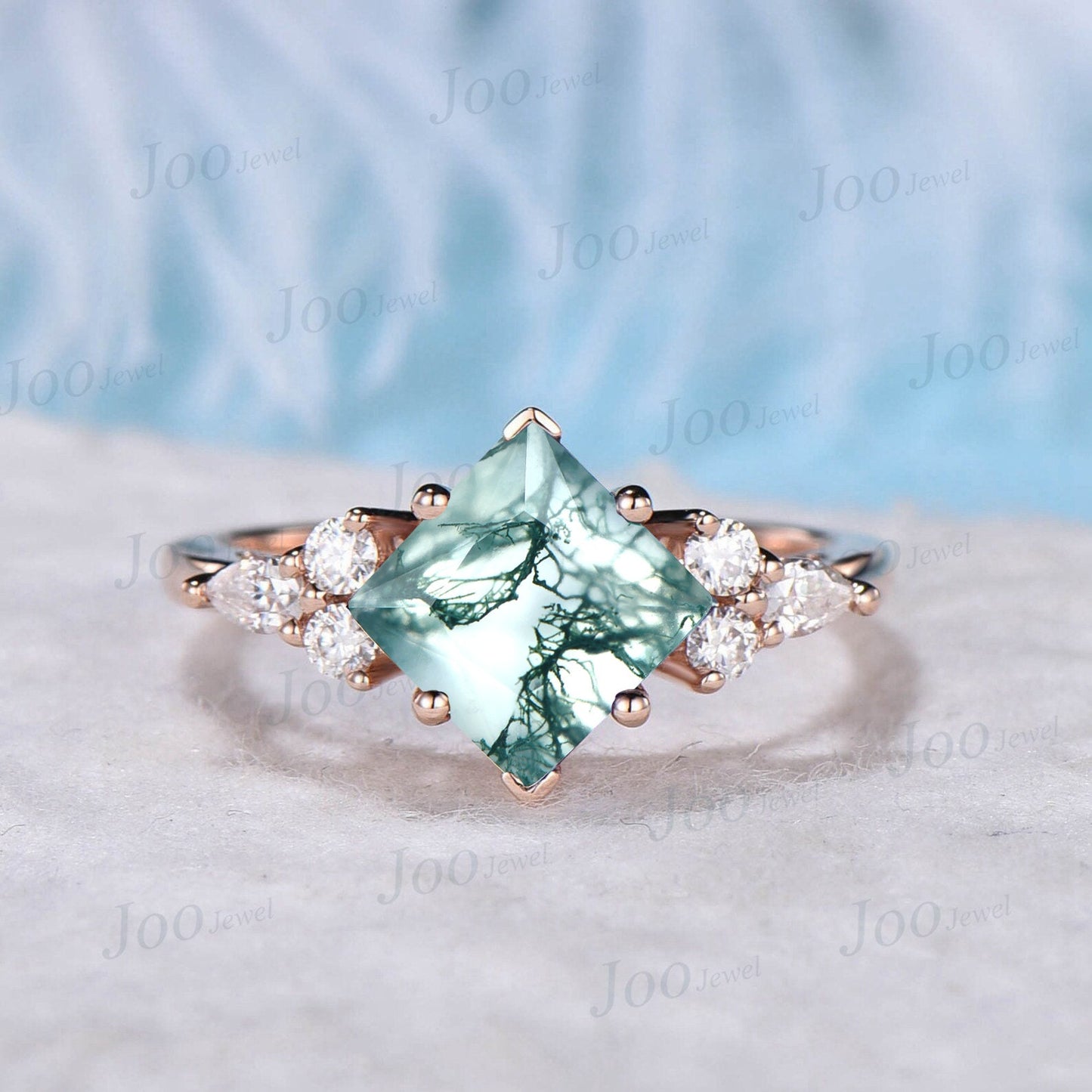 Princess Cut Natural Moss Agate Engagement Rings Vintage Trinity Knot Celtic Wedding Band 10K Rose Gold Alexandrite Moissanite Bridal Set