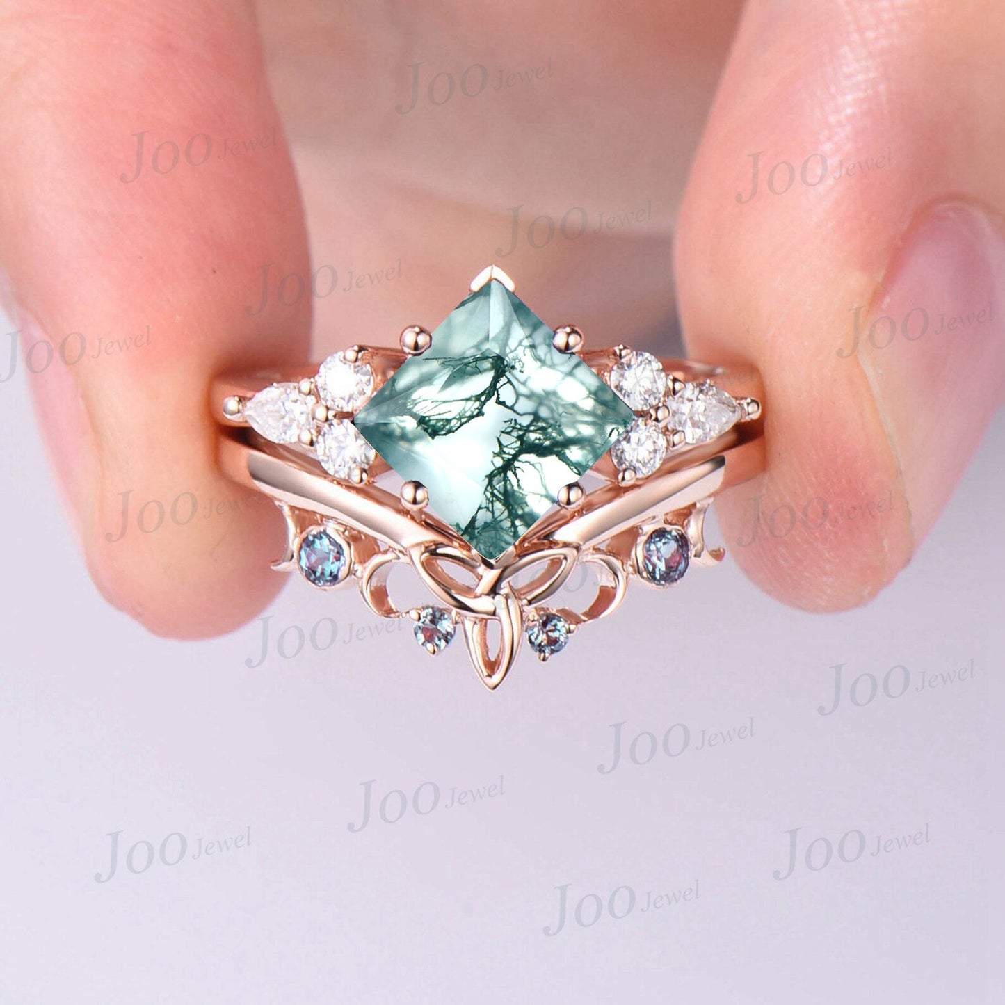 Princess Cut Natural Moss Agate Engagement Rings Vintage Trinity Knot Celtic Wedding Band 10K Rose Gold Alexandrite Moissanite Bridal Set