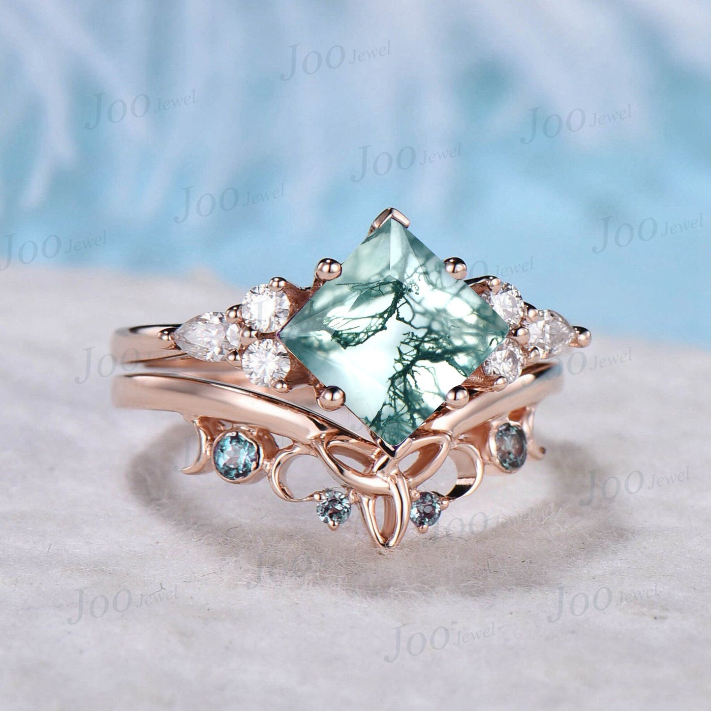 Princess Cut Natural Moss Agate Engagement Rings Vintage Trinity Knot Celtic Wedding Band 10K Rose Gold Alexandrite Moissanite Bridal Set