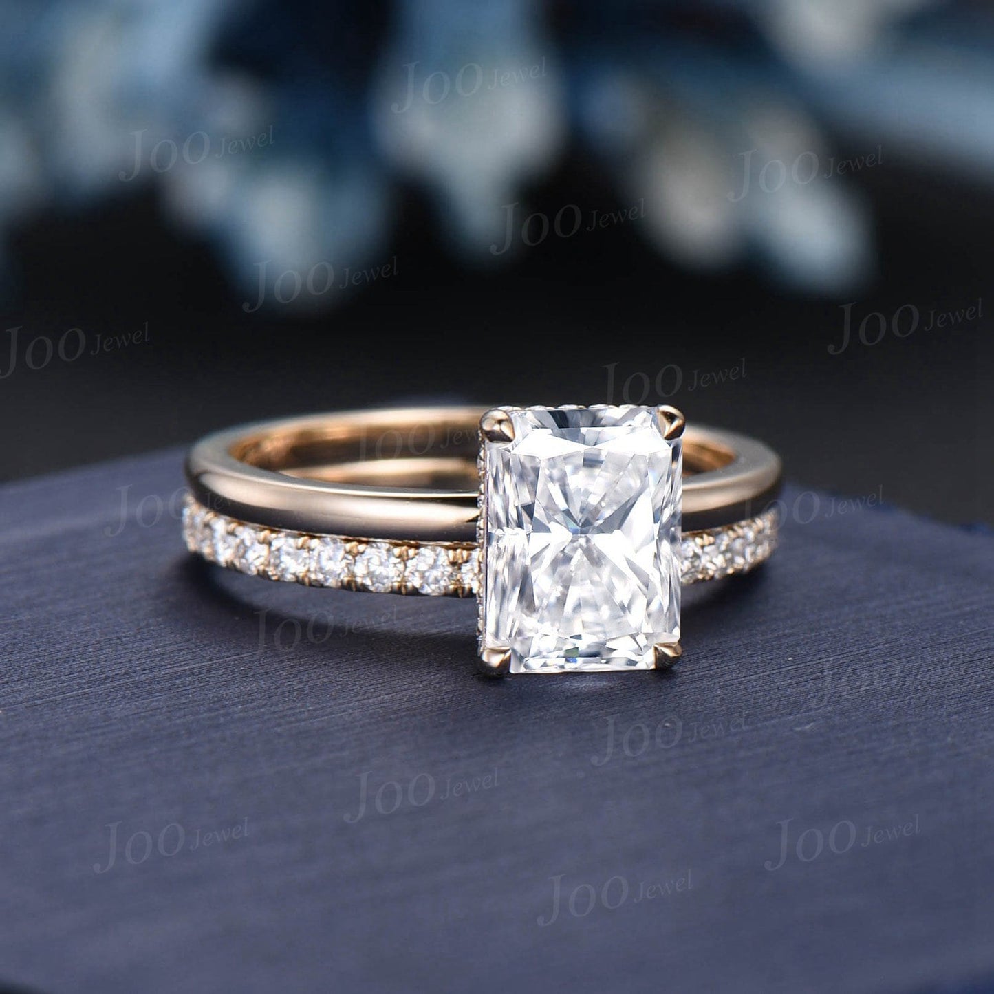 2ct Radiant Cut Moissanite Engagement Ring Set 14K Yellow Gold Solitaire Wedding Ring Set Bridal Ring for Women Anniversary Hidden Halo Ring
