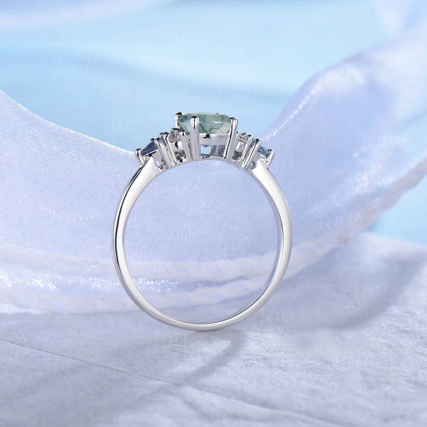 1.5ct Oval Natural Moss Agate Engagement Rings Sterling Silver Cluster Kite Aquatic Agate Promise Ring Moissanite Wedding Ring Unique Gifts