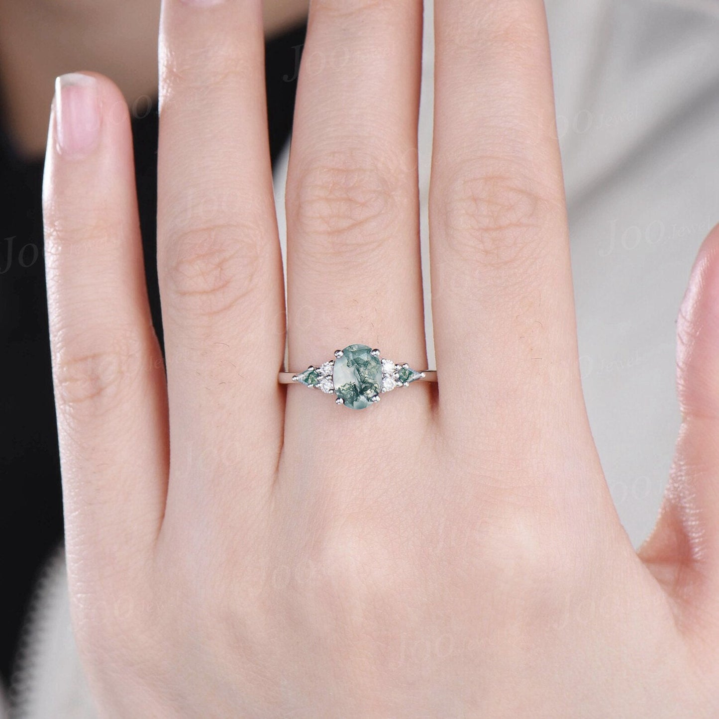 1.5ct Oval Natural Moss Agate Engagement Rings Sterling Silver Cluster Kite Aquatic Agate Promise Ring Moissanite Wedding Ring Unique Gifts