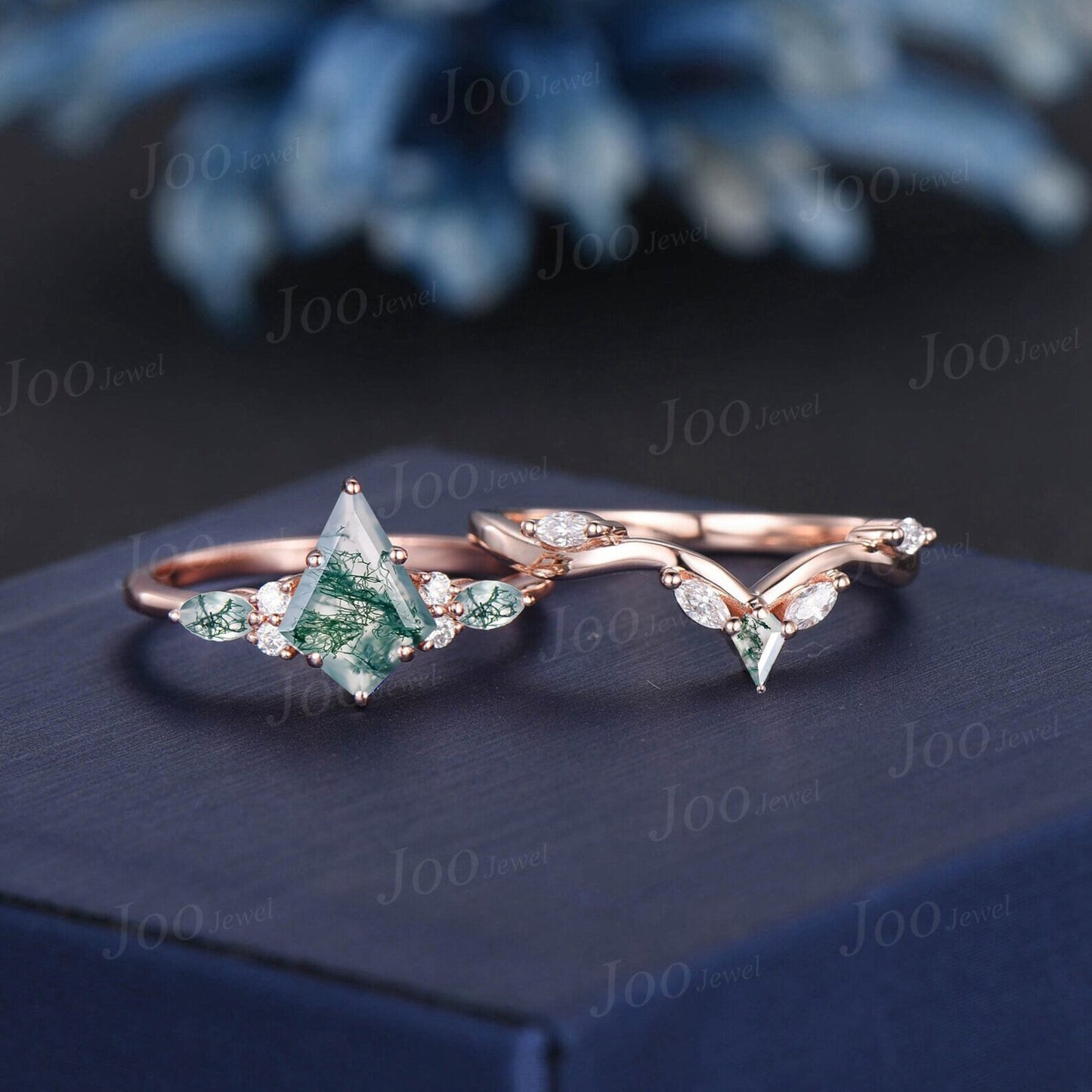 Kite Natural Green Moss Agate Ring Set Rose Gold Unique Engagement Ring Women Dainty Moissanite Bridal Ring Personalized Anniversary Gifts