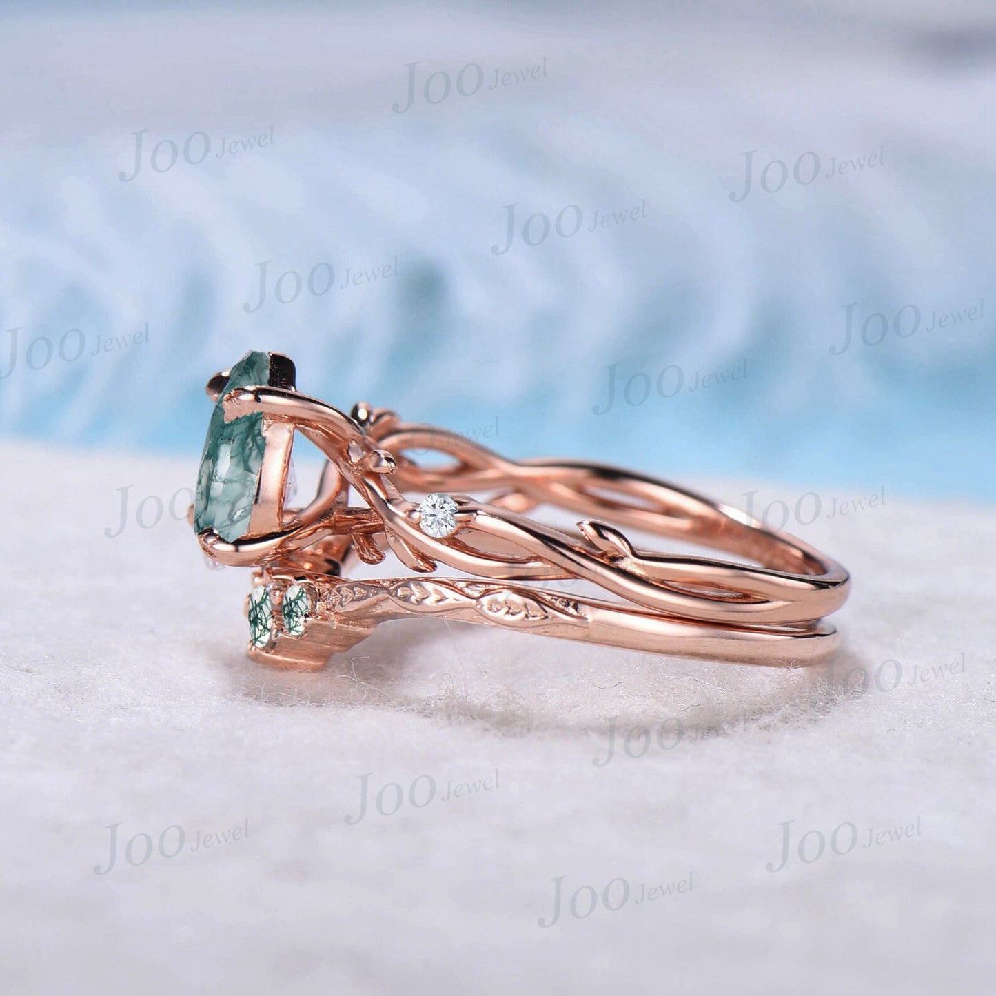 1.25ct Pear Moss Agate Ring Twig Nature Engagement Ring Green Gemstone Jewelry Moissanite Branch Vine Wedding Ring Moss Agate Bridal Set