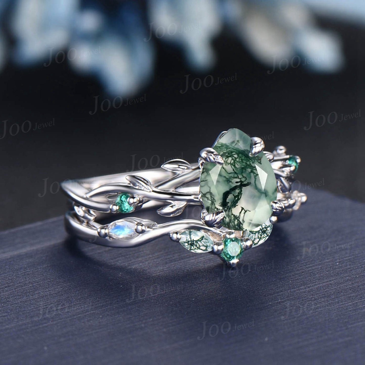 1.25ct Nature Inspired Twig Pear Moss Agate Engagement Ring Branch Vine Marquise Moonstone Green Emerald Wedding Ring Moss Agate Bridal Set