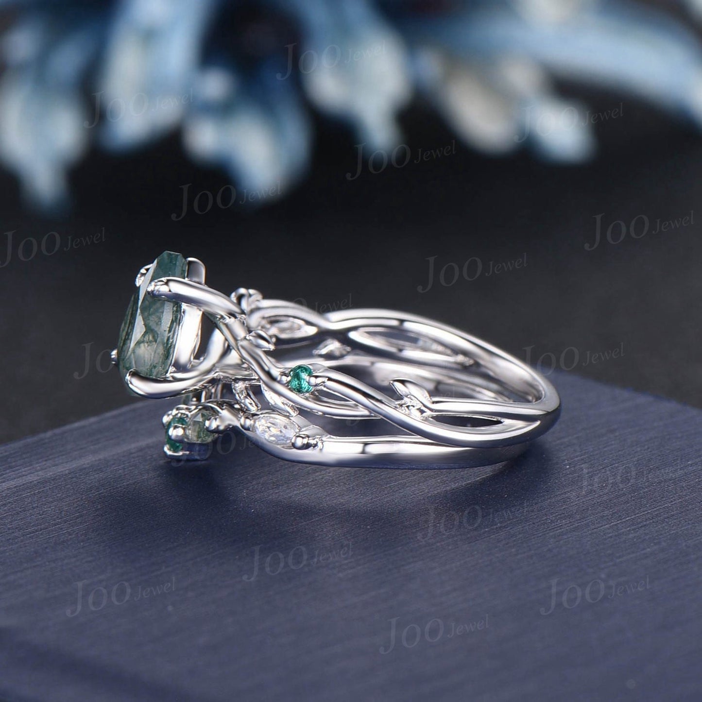 1.25ct Nature Inspired Twig Pear Moss Agate Engagement Ring Branch Vine Marquise Moonstone Green Emerald Wedding Ring Moss Agate Bridal Set