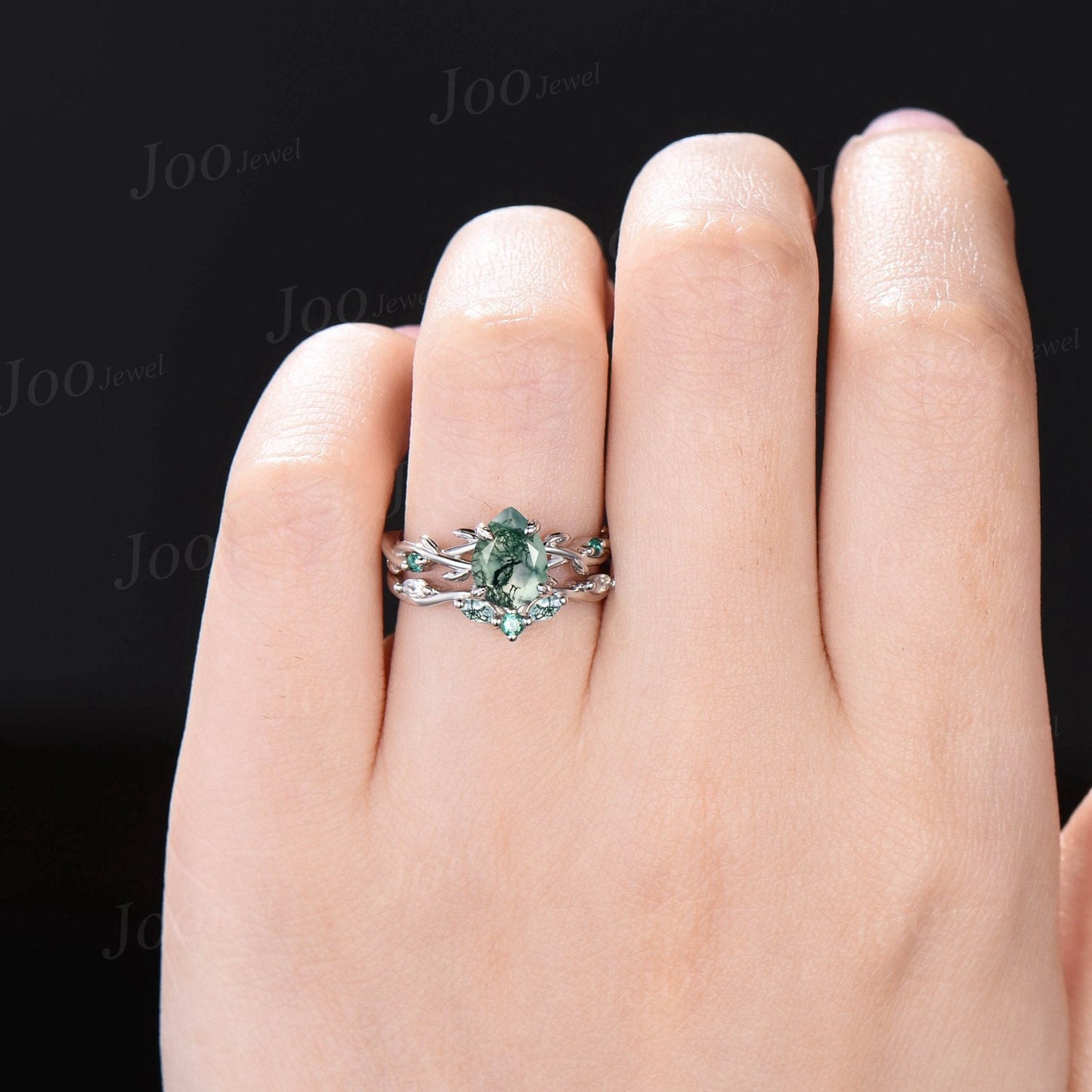 1.25ct Nature Inspired Twig Pear Moss Agate Engagement Ring Branch Vine Marquise Moonstone Green Emerald Wedding Ring Moss Agate Bridal Set