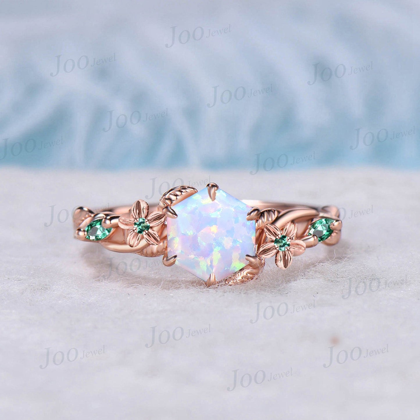 Nature Inspired Flower Opal Ring Set 10K Rose Gold Hexagon Opal Branch Engagement Ring Green Emerald Wedding Ring October Birthstone Gifts
