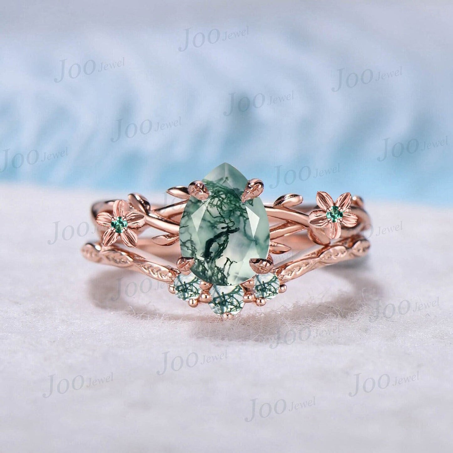 1.25ct Nature Inspired Flower Moss Agate Ring Twig Engagement Ring Set Green Emerald Branch Vine Floral Wedding Ring Moss Agate Bridal Sets