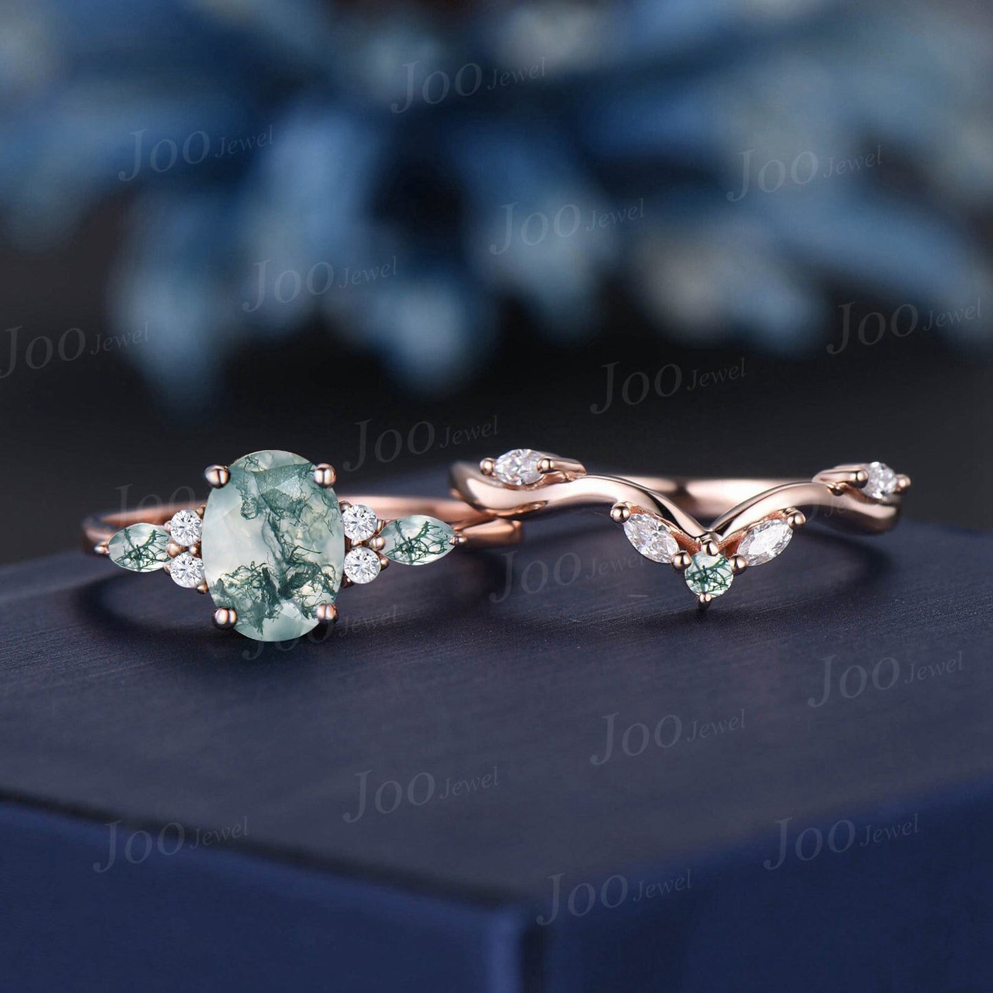 1.5ct Oval Natural Green Moss Agate Engagement Ring Set 10K Rose Gold Cluster Marquise Aquatic Agate Bridal Set Moss Moissanite Wedding Band