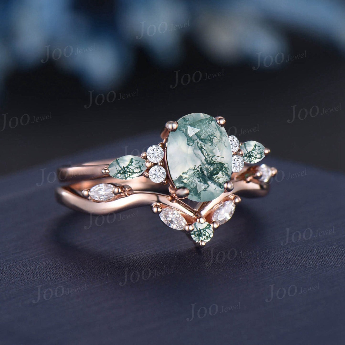 1.5ct Oval Natural Green Moss Agate Engagement Ring Set 10K Rose Gold Cluster Marquise Aquatic Agate Bridal Set Moss Moissanite Wedding Band