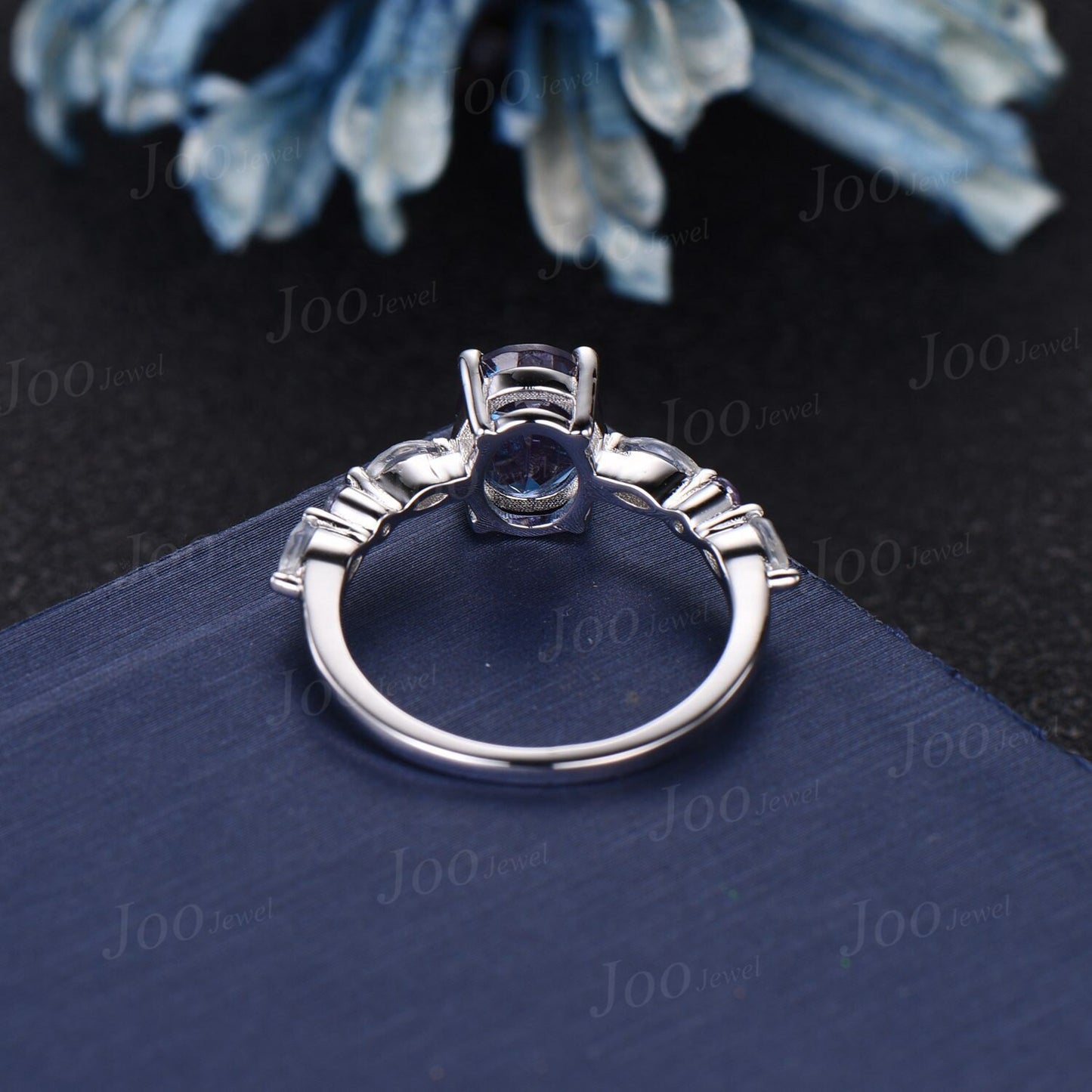 2ct Oval Cut Alexandrite and Moonstone Engagement Ring 10K White Gold Half Eternity Band Opal Alexandrite Wedding Ring Unique Platinum Rings