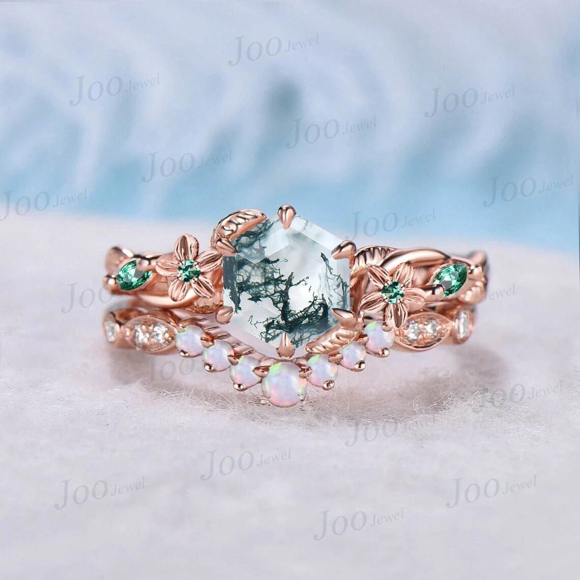 1ct Natural Moss Agate Bridal Set Nature Inspired Floral Hexagon Moss Agate Ring Unique Handmade Emerald Opal Leaf Flower Engagement Rings