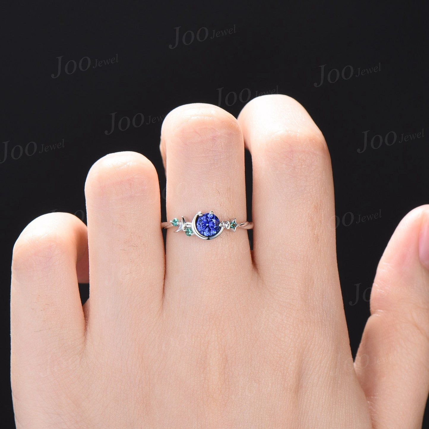 5mm Round Cut Blue Sapphire Moon Engagement Ring Cluster Star Emerald Ring Sterling Silver Celestial Wedding Ring Asymmetrical Promise Ring