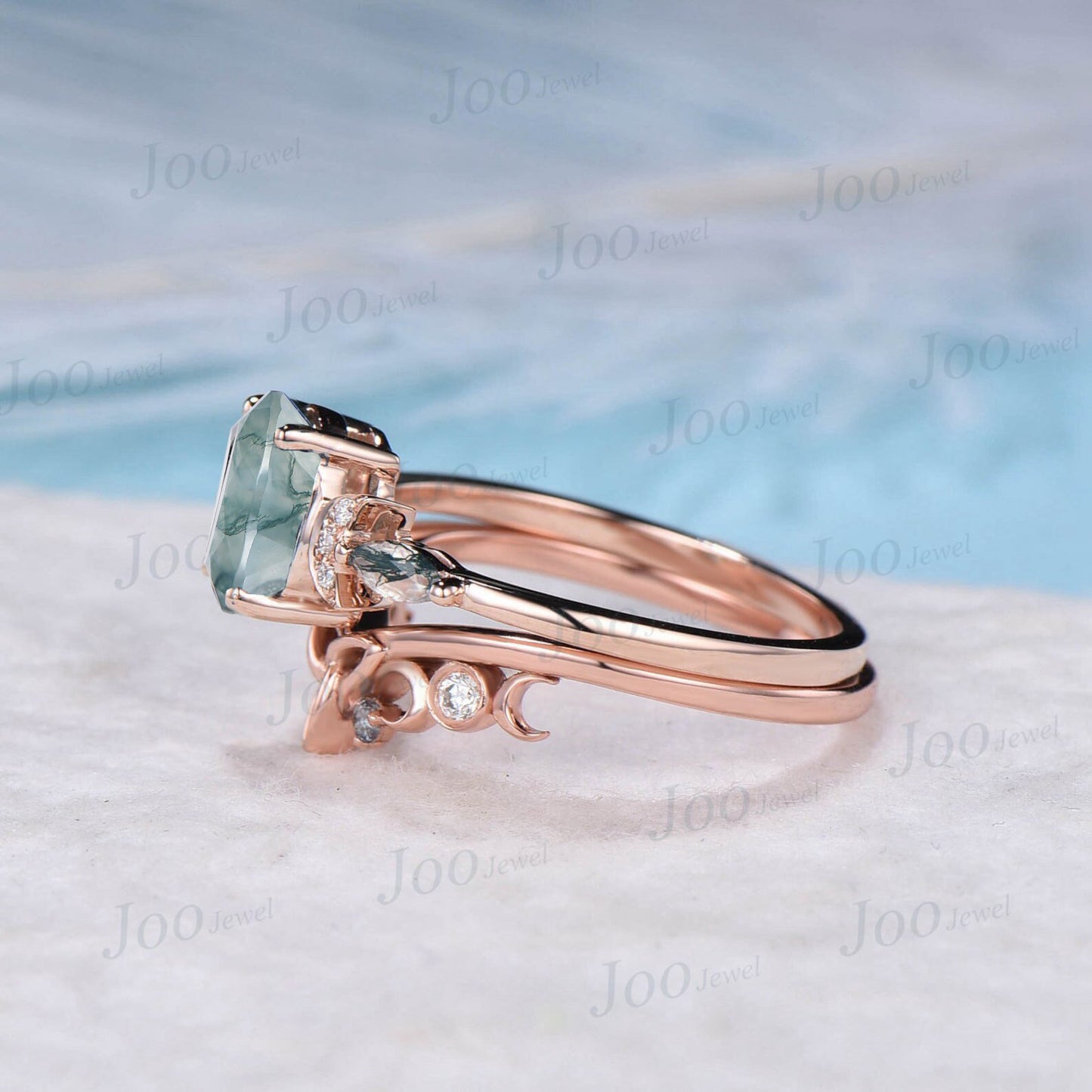1.5ct Oval Cut Natural Moss Agate Diamond Celestial Engagement Ring Triple Moon Celtic Knot Alexandrite Band Rose Gold Moss Agate Bridal Set